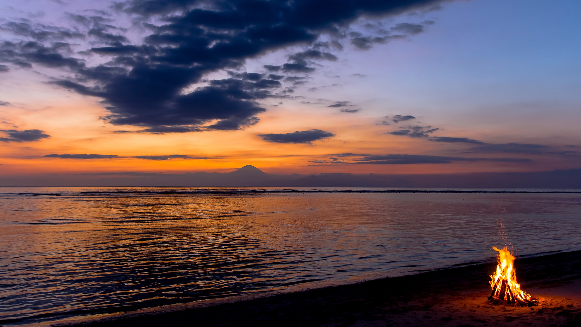 Nature Landscape Clouds Sky Mountains Sunset Fire Water Water Ripples Sand Camp Beach Indonesia 1920x1080
