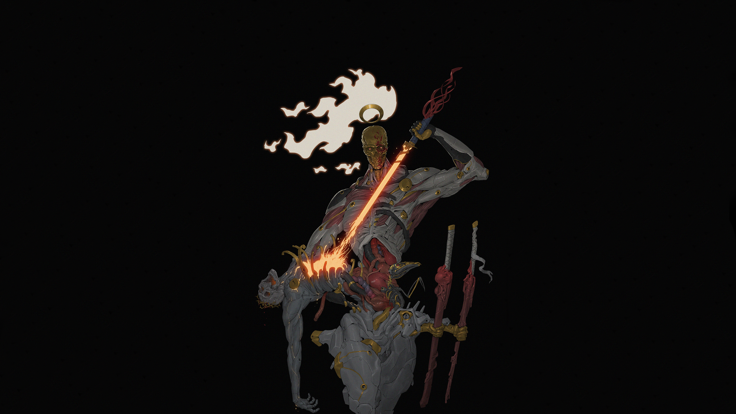 Sword Corpse Digital Art Artwork Fire Intestines Muscles Katana 2560x1440