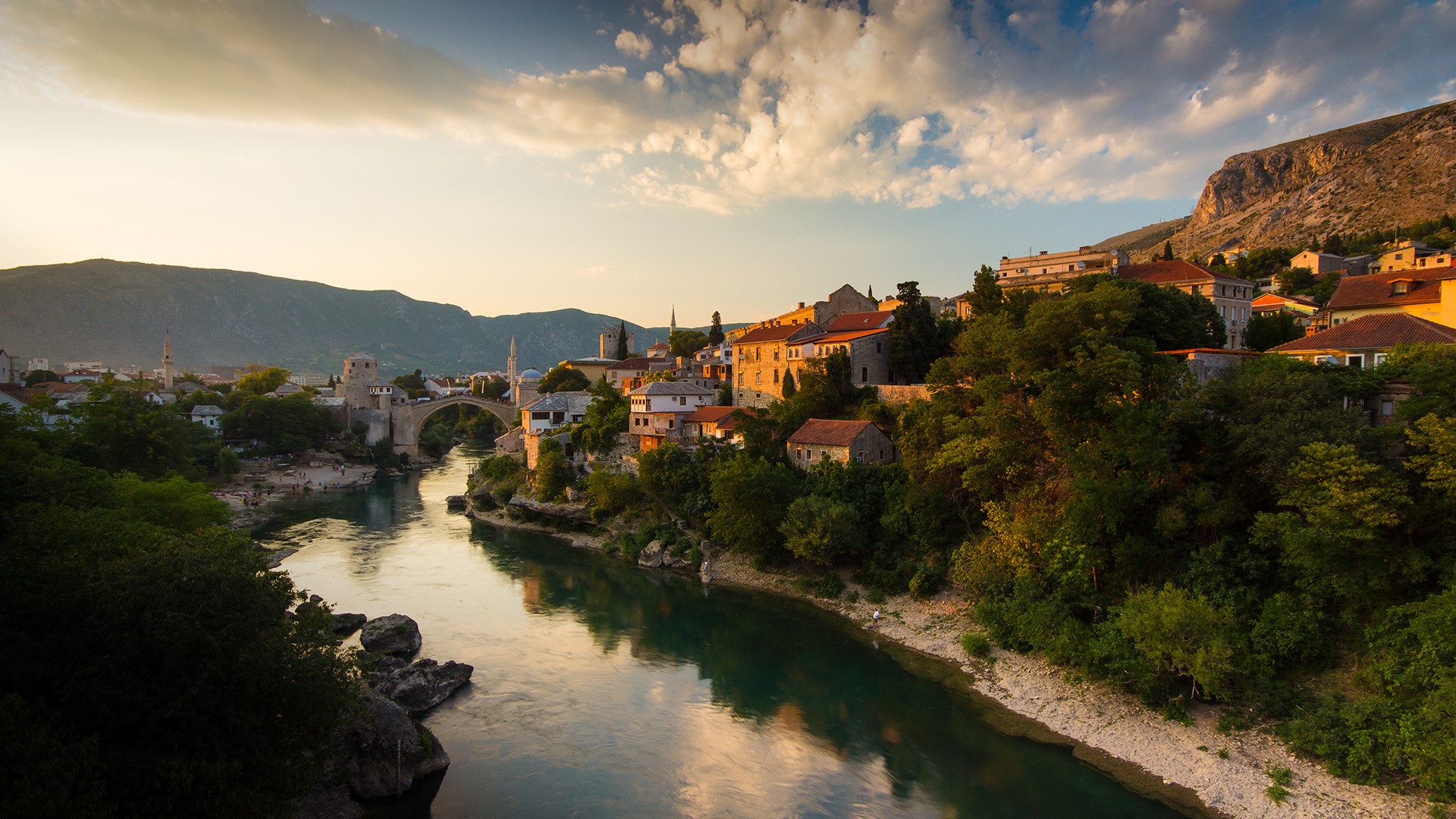 Reflection Clouds Sky River Bridge Rocks Mountains Neretva River Bosnia And Herzegovina Building 1920x1080