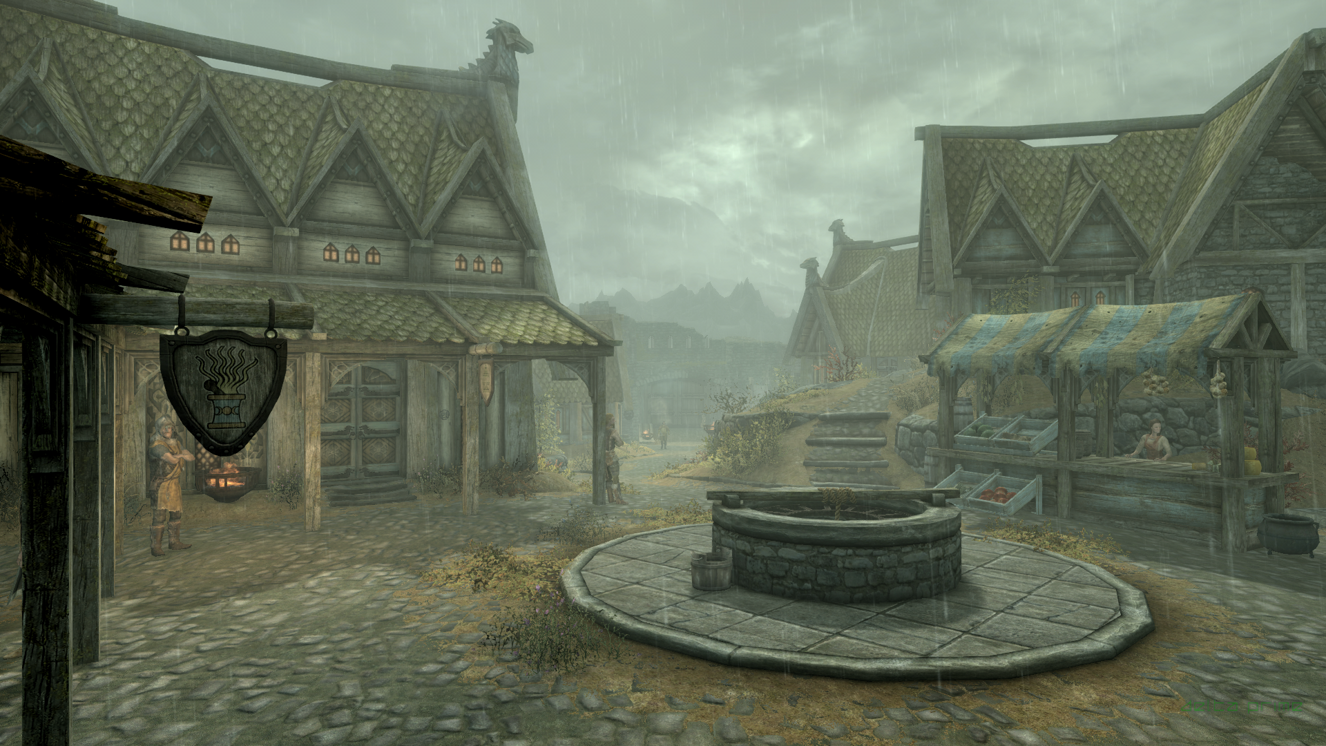 Skyrim Remastered The Elder Scrolls V Skyrim PC Gaming Screen Shot Whiterun Rain Overcast Market 1920x1080