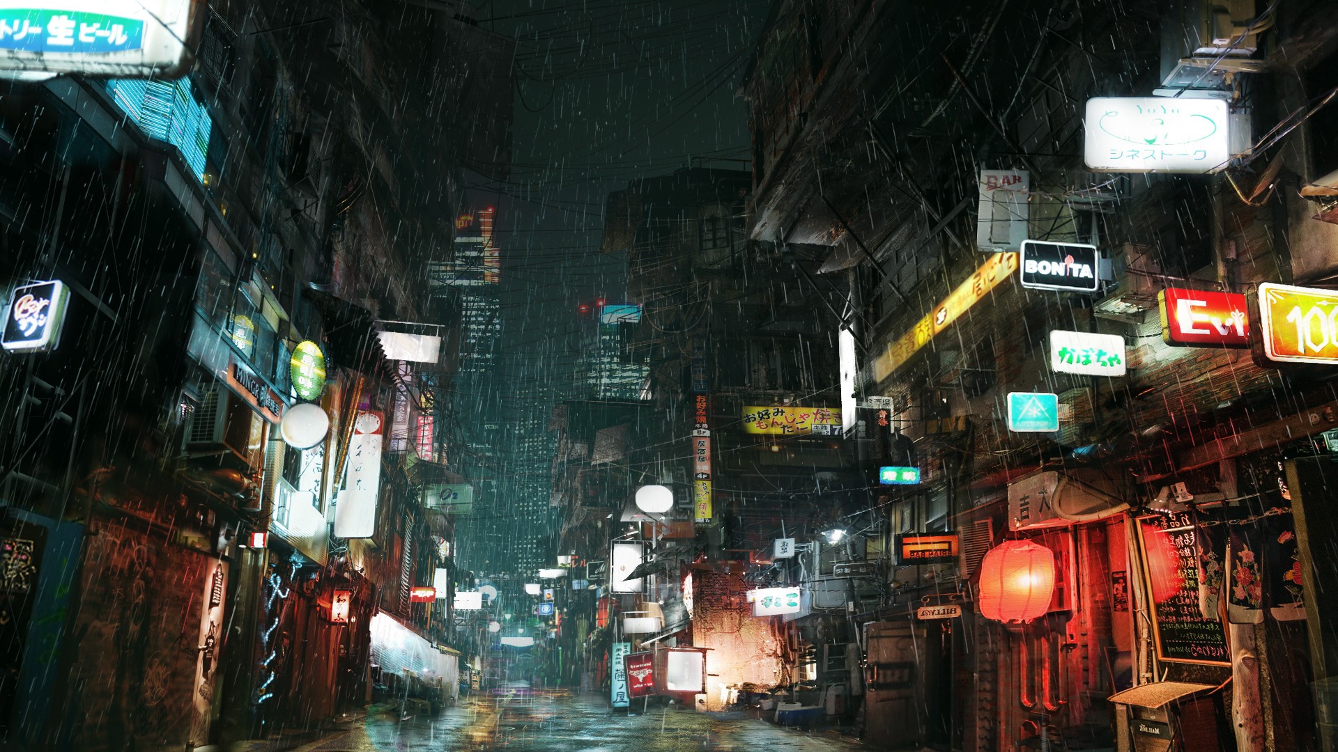Cyberpunk Rain Lights City Street Advertisements Chinese Architecture Digital Art Asia 1920x1080