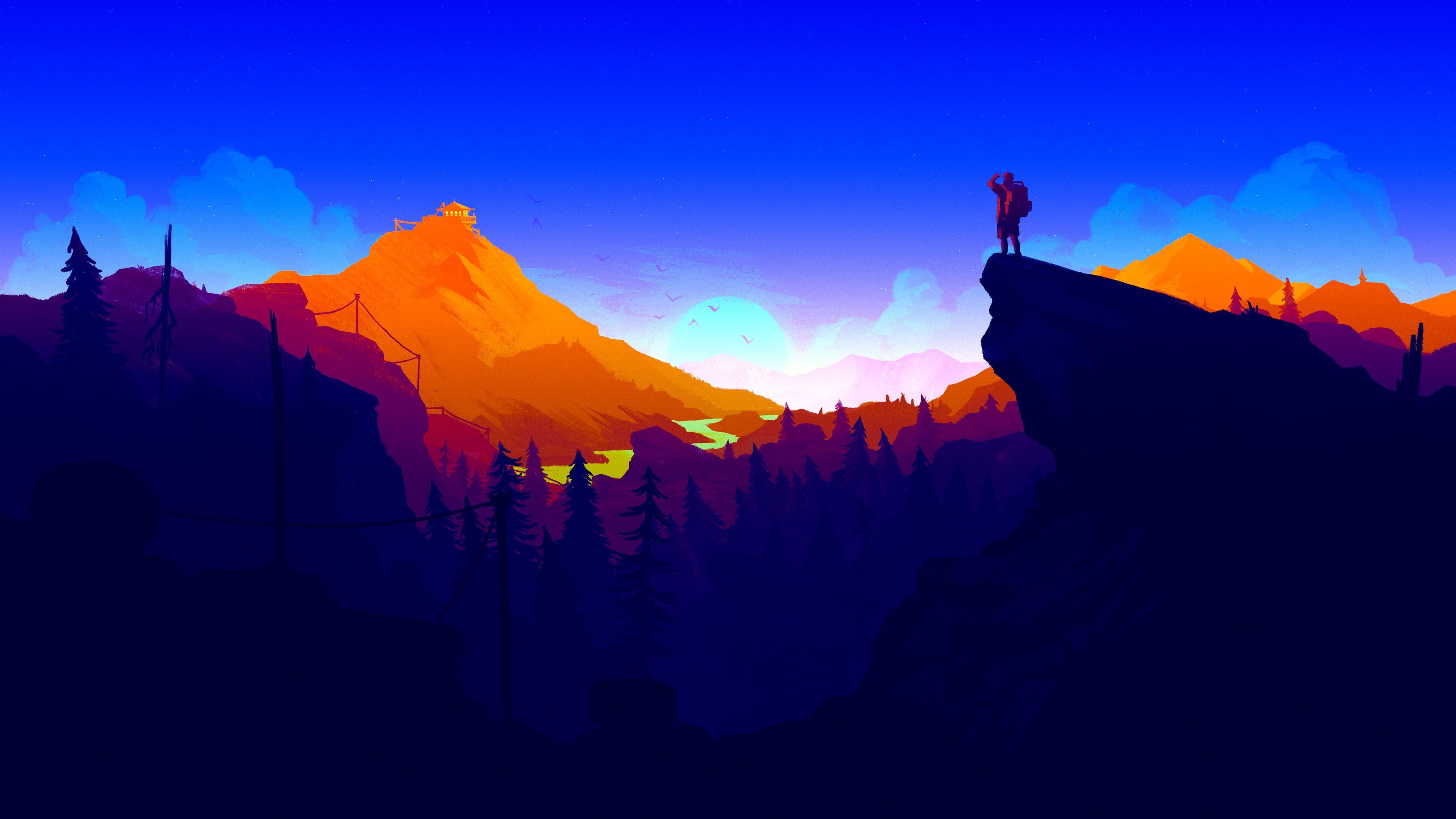 Firewatch Minimalism Sunset Landscape Mountains Hiking Orange Blue 3840x2160