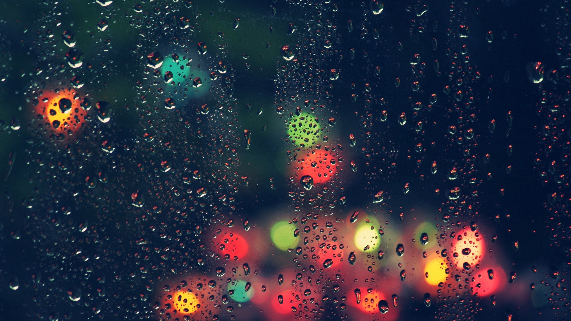 Bokeh Blurred Depth Of Field Lights Water Drops Glass Night Transparency Rain Water On Glass 1920x1080