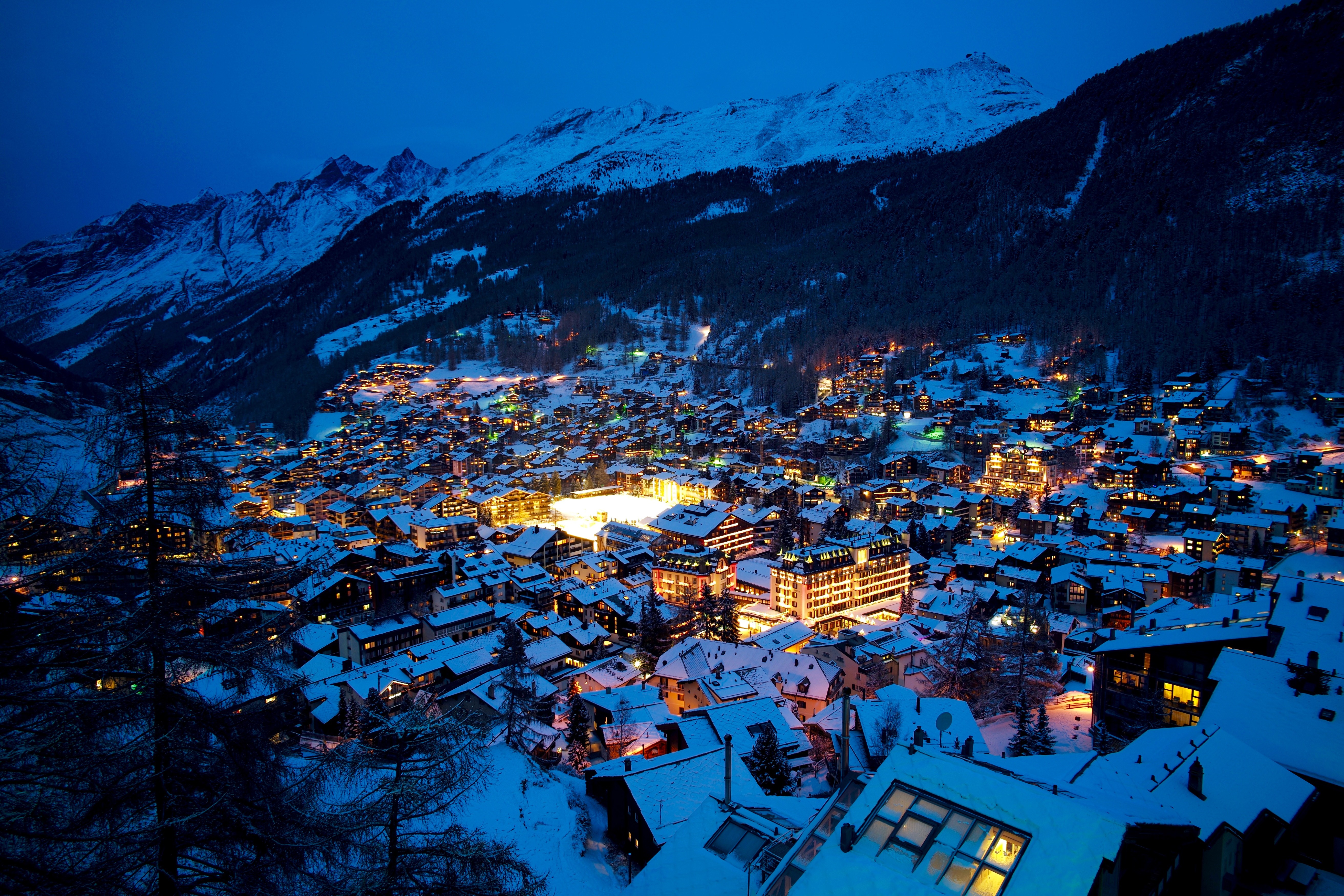 Zermatt Snow Alps Landscape Lights Mountains Switzerland Night City Lights 5250x3500