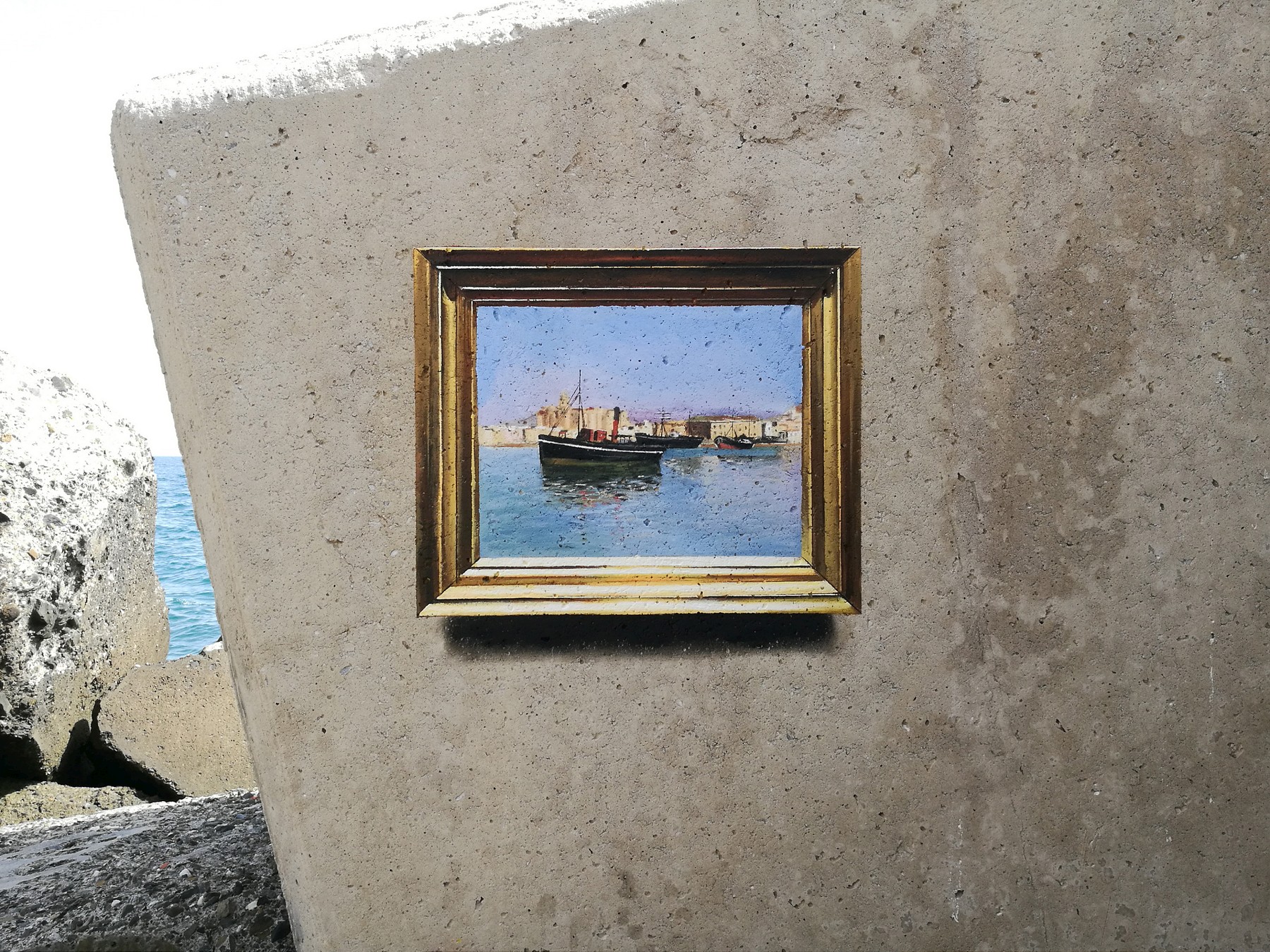 Ship Artwork Wall Picture Frames Mural Julio Anaya Cabanding Painting Rock Sea Concrete 1800x1350