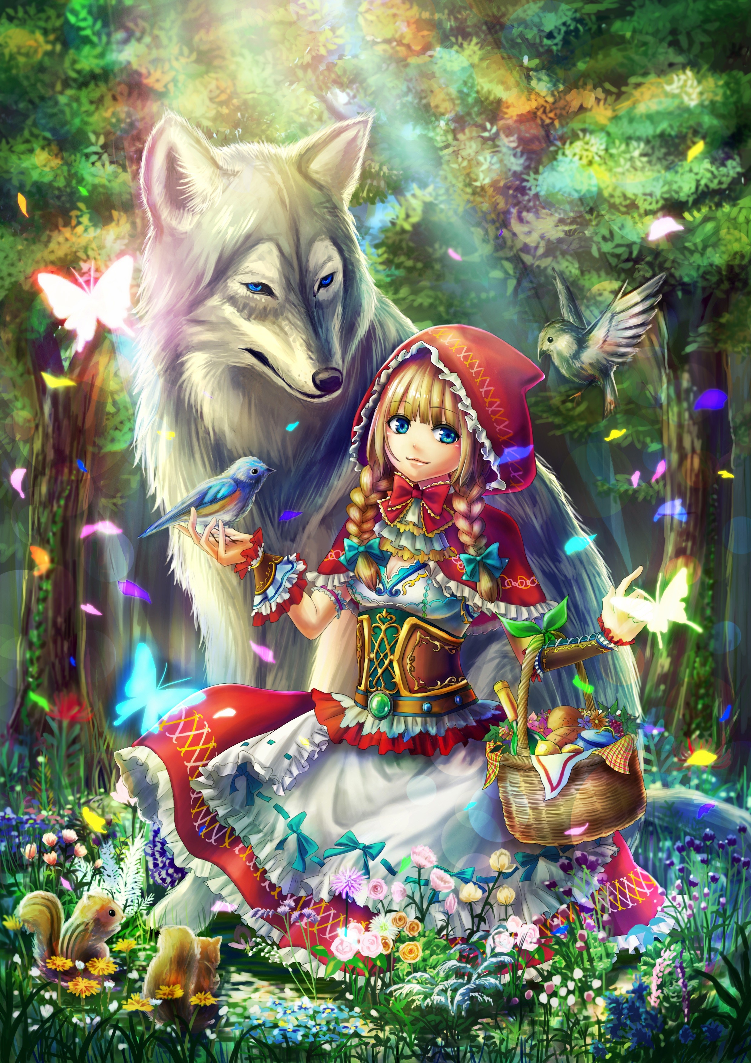 Anime Anime Girls Little Red Riding Hood Red Riding Hood Wolf Birds Forest Flowers Long Hair Blonde  2480x3508