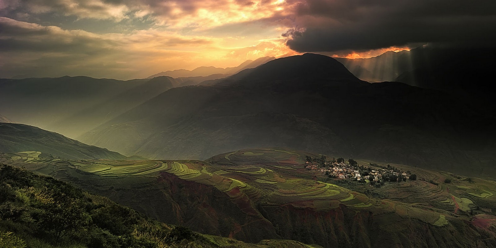 Landscape Nature Village Mountains Terraces Rice Sun Rays Clouds Sky Sunlight Field China 1600x800
