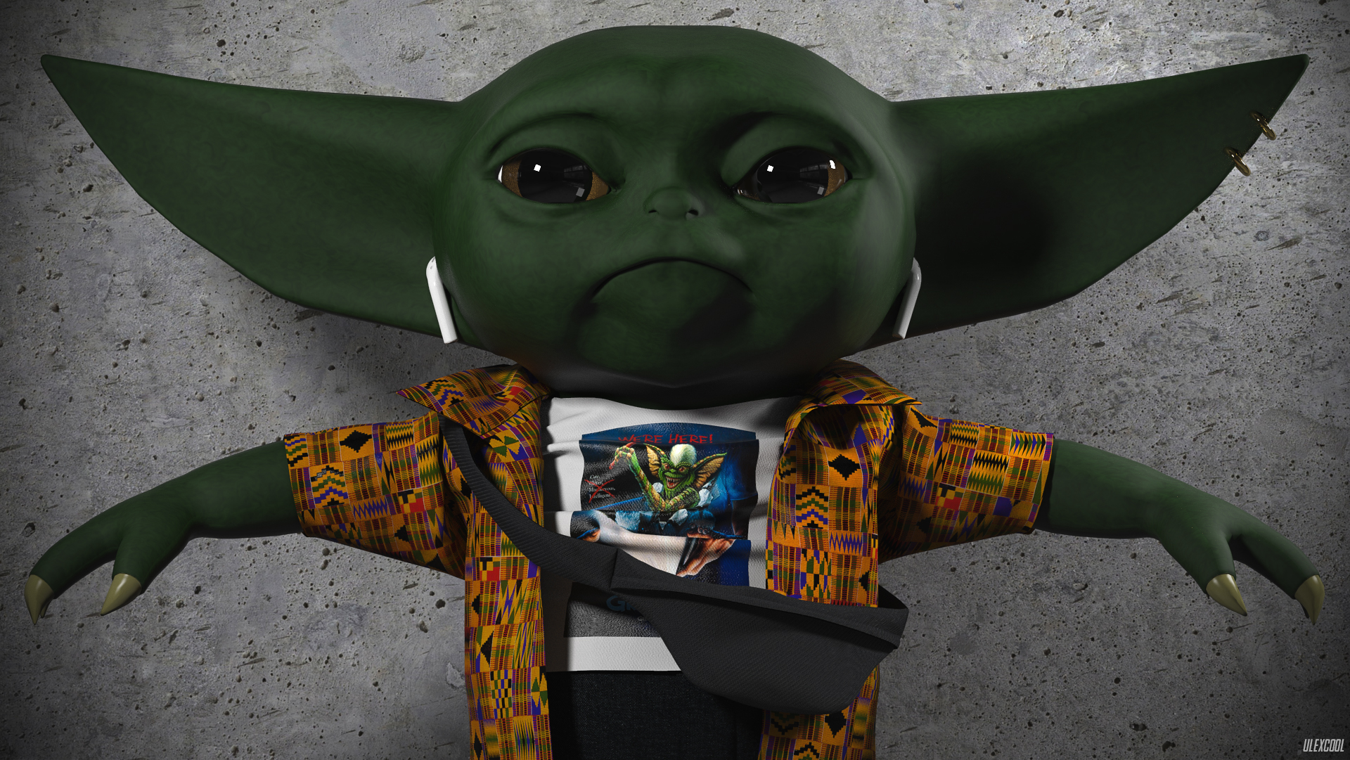 Star Wars The Mandalorian Baby Yoda Zoomer CGi Digital Art African Pattern Gremlins Airpods Looking  1920x1081