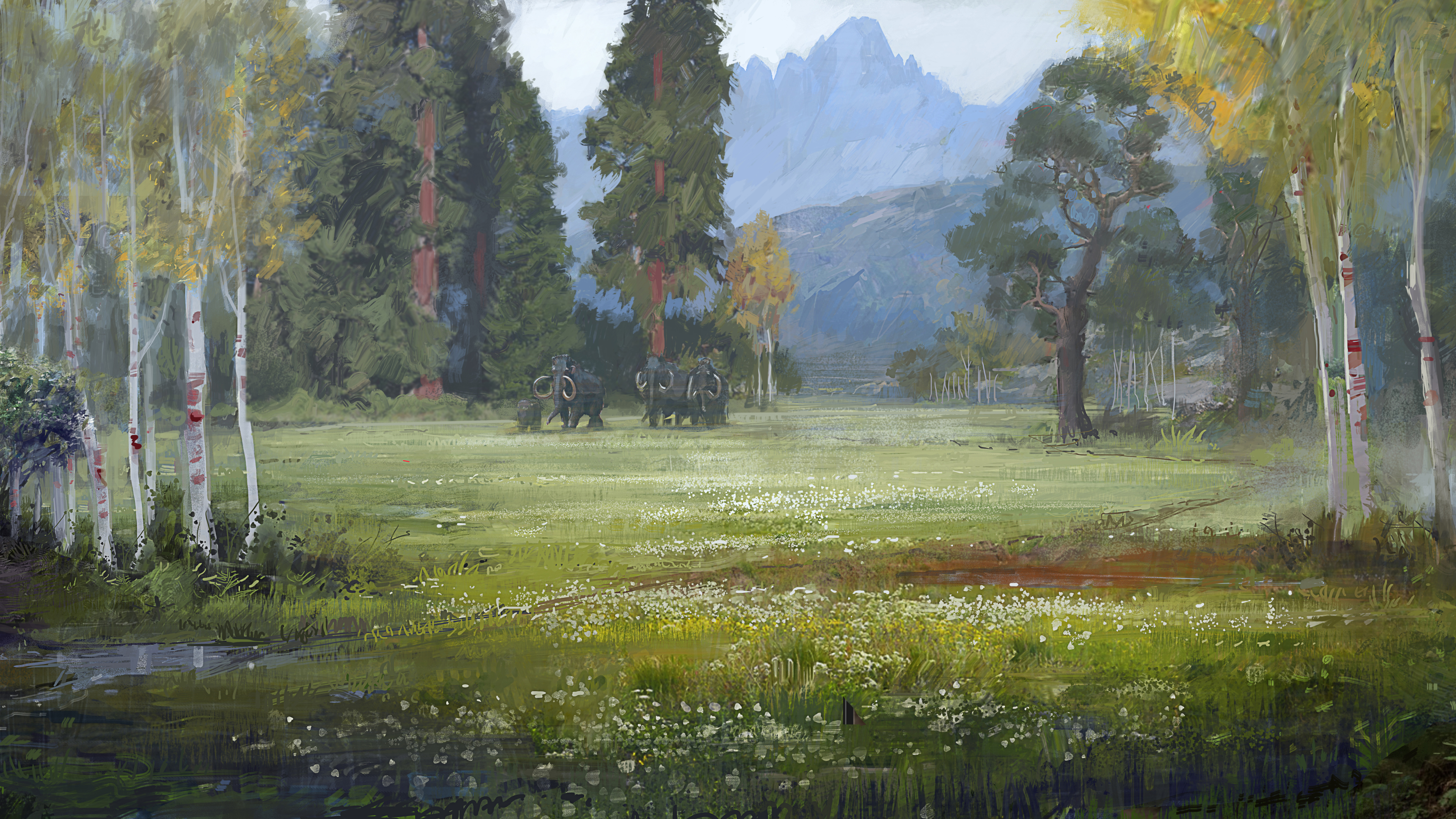 Mammoths Forest Trees Green Painting Prehistoric 3840x2160
