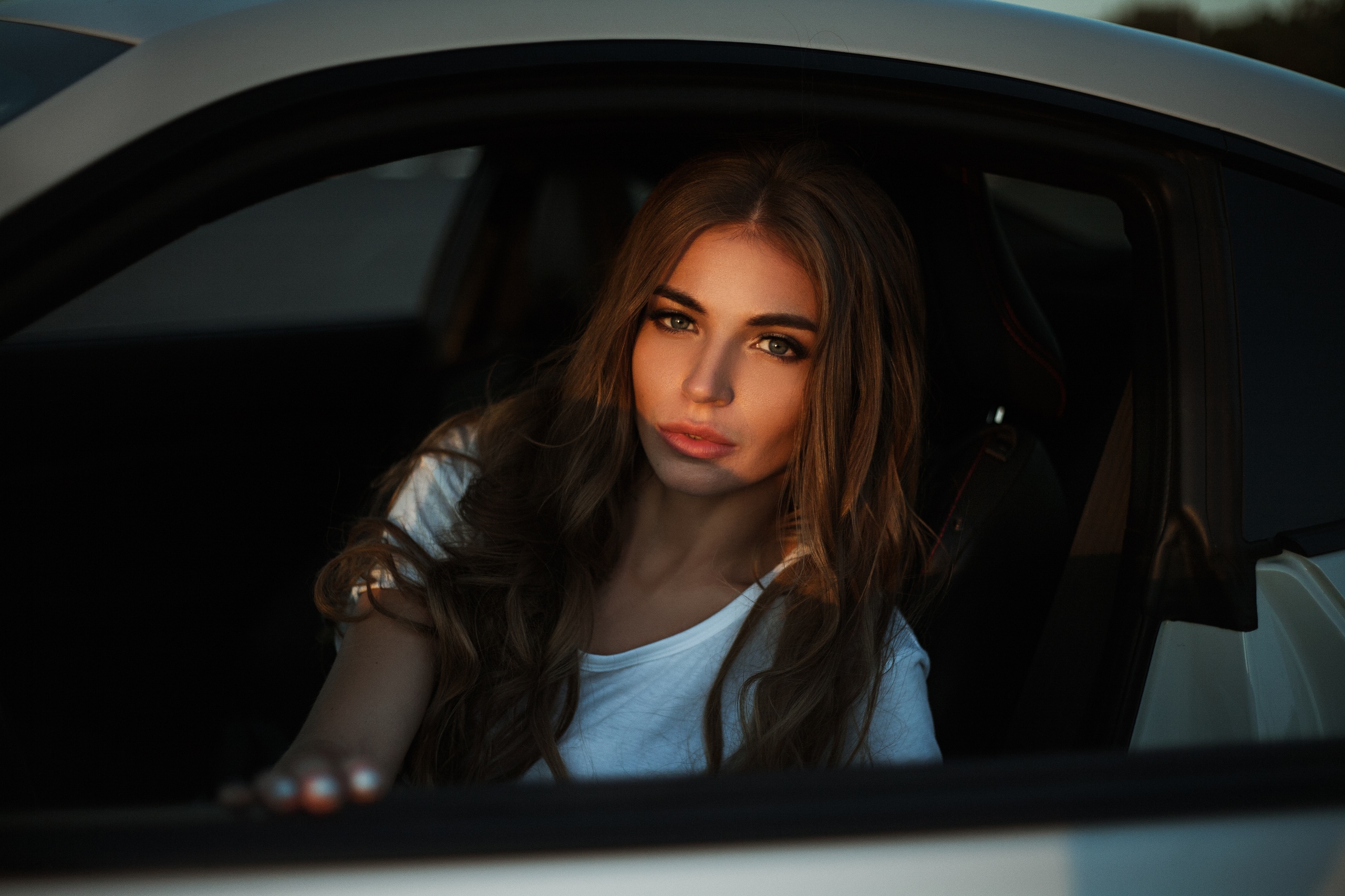 Women Model Brunette Looking At Viewer Portrait Long Hair Inside A Car Women With Cars Car Interior 2560x1707
