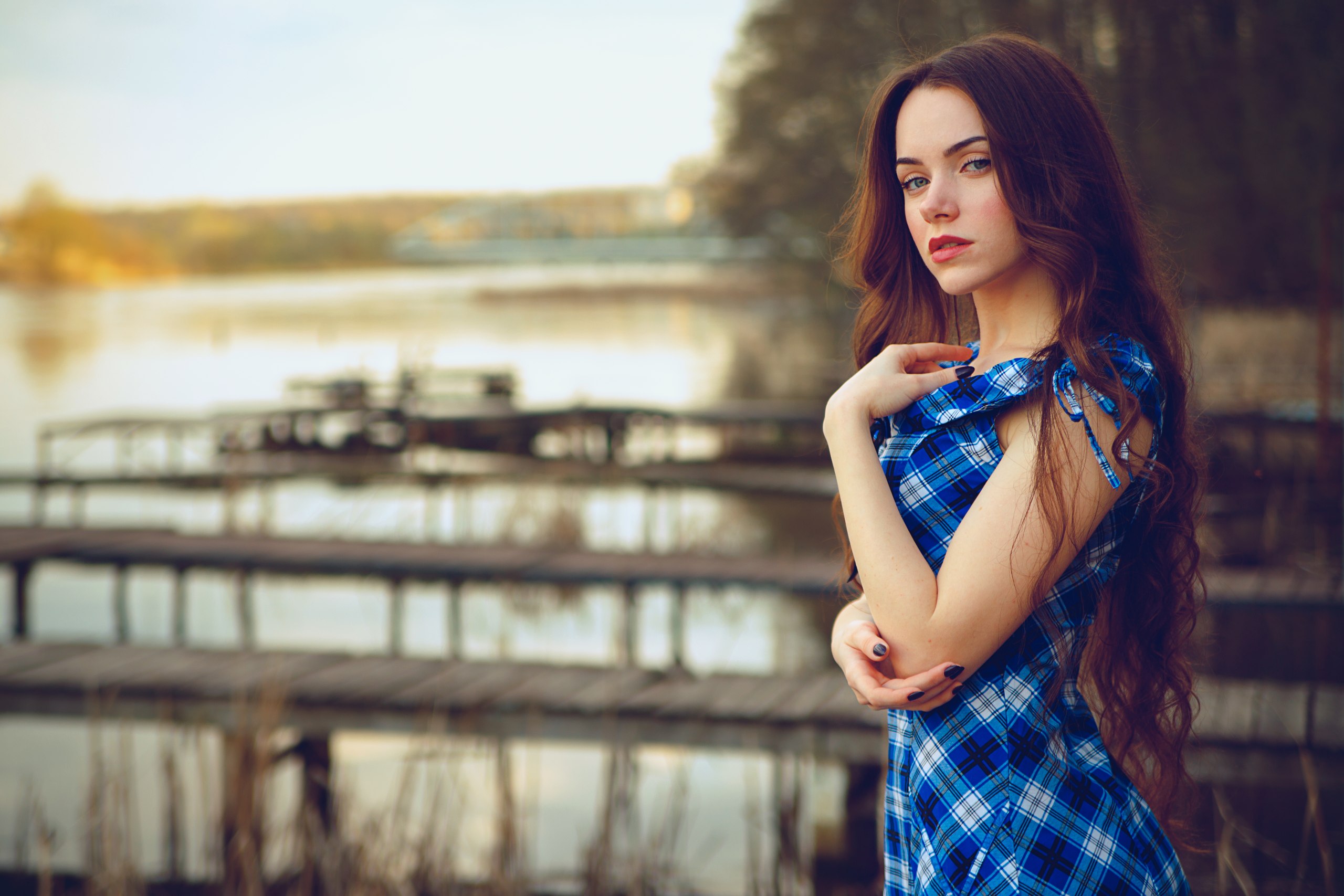 Women Brunette Women Outdoors Dress Blue Eyes Long Hair Face Portrait Bokeh Dmitry Yavr Ekaterina Ko 2560x1707