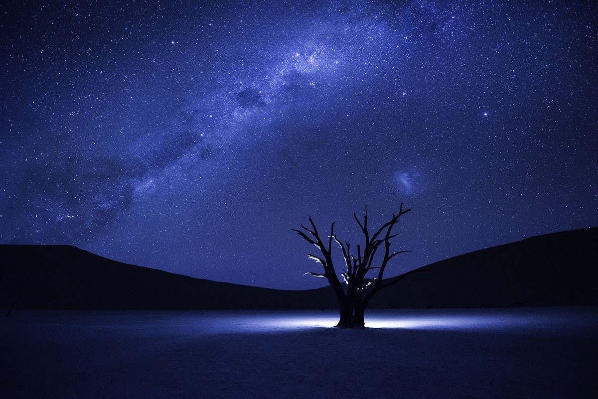 Milky Way Stars Night Trees Silhouette Glowing Hills Namibia Purple Starry Night 1200x801