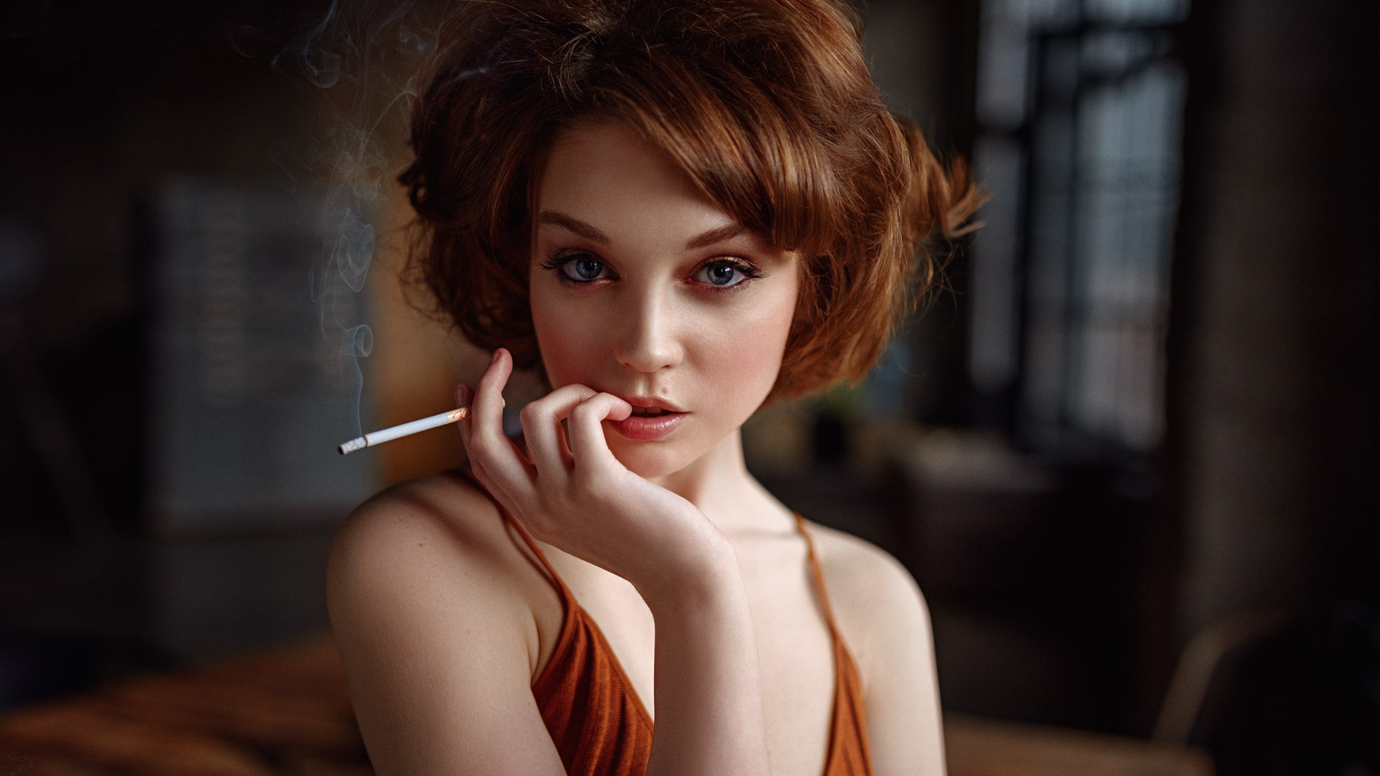 Cigarettes Women Model Portrait Olya Pushkina Smoking 2000x1125