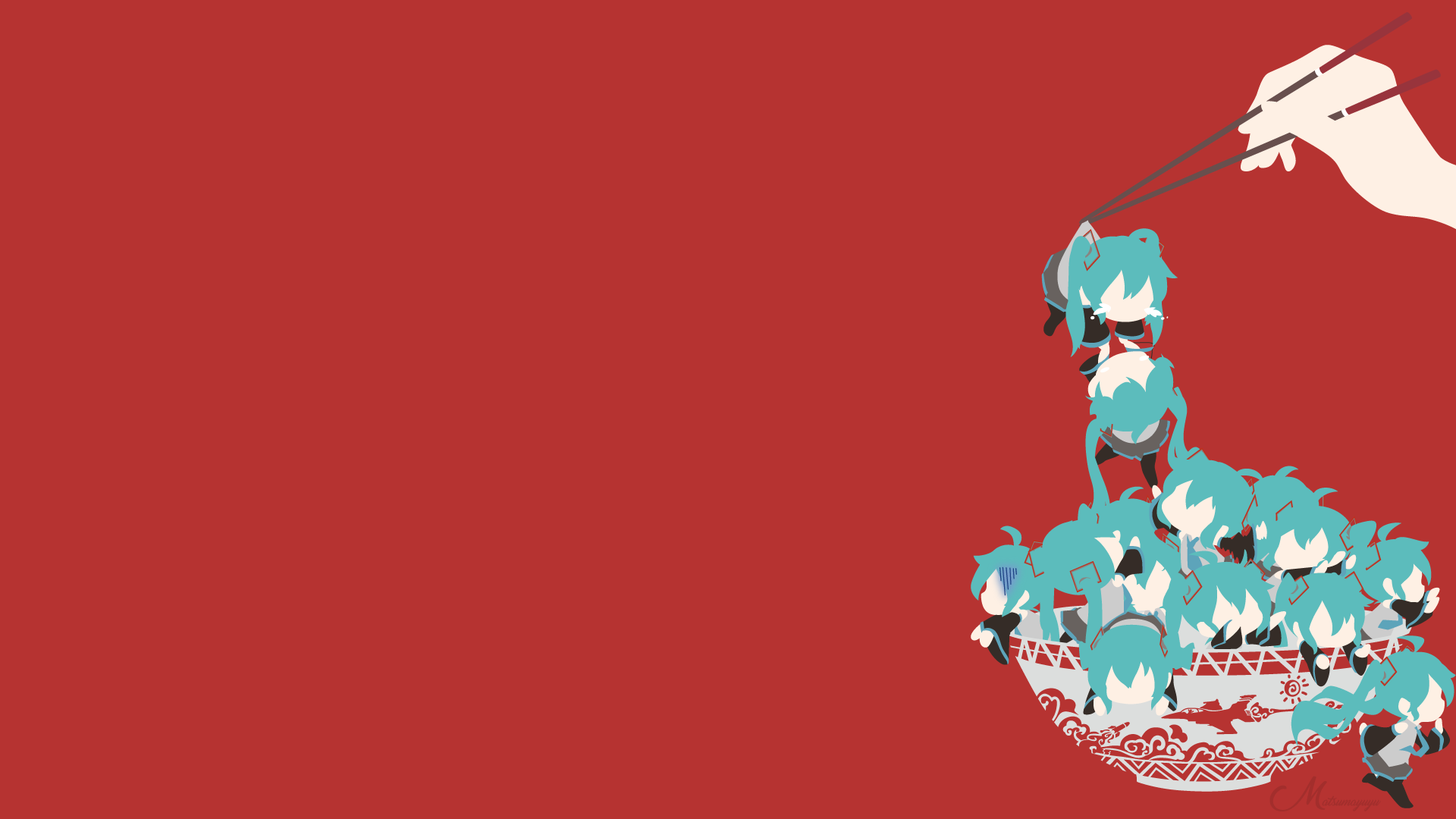 Minimalism Vocaloid Hatsune Miku Chibi Ramen Nekomimi Anime Girls Red Background Simple Background A 1920x1080