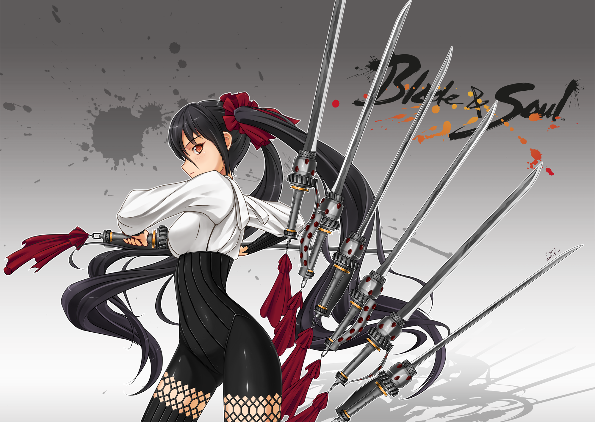 Anime Anime Girls Blade Soul Long Hair Black Hair Red Eyes Sword Weapon 2000x1420