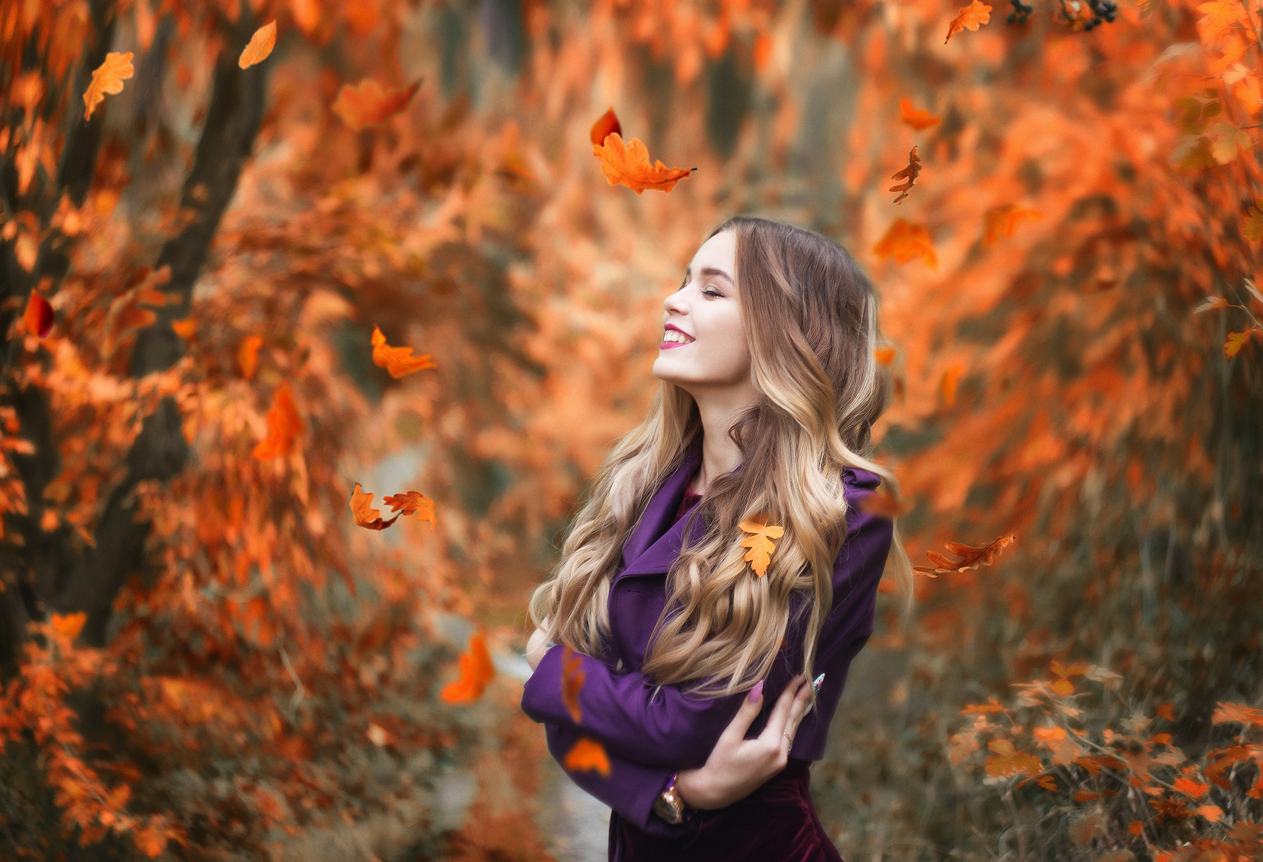 Fall Smiling Leaves Nature Blonde Long Hair Women Outdoors Women Purple Clothing Purple Coat Closed  2560x1748