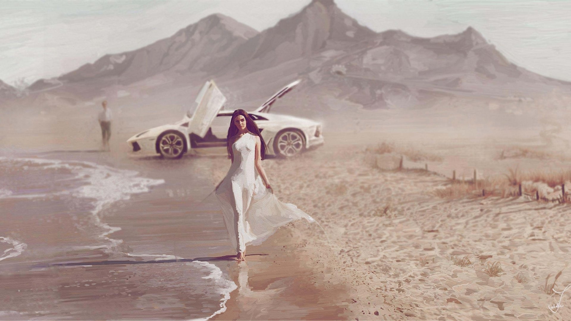 Concept Art Women Brunette Long Hair Women Outdoors White Clothing White Dress Car Sports Car Sea Di 1920x1080