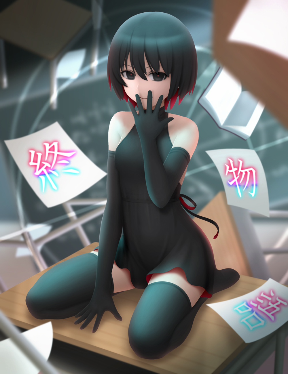 Monogatari Series Anime Girls Oshino Ougi Black Dress Long Sleeves 3D Desk Kanji Barefoot Black Hair 1000x1300