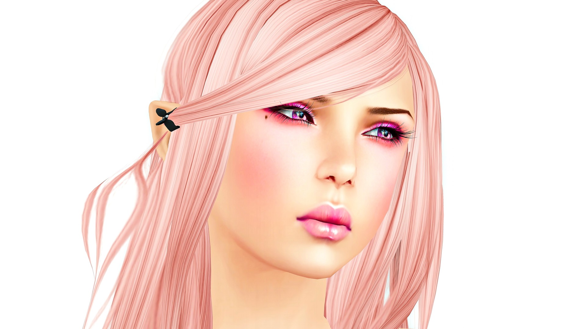 Long Hair CGi Pink Hair Simple Background Render Women 1920x1080
