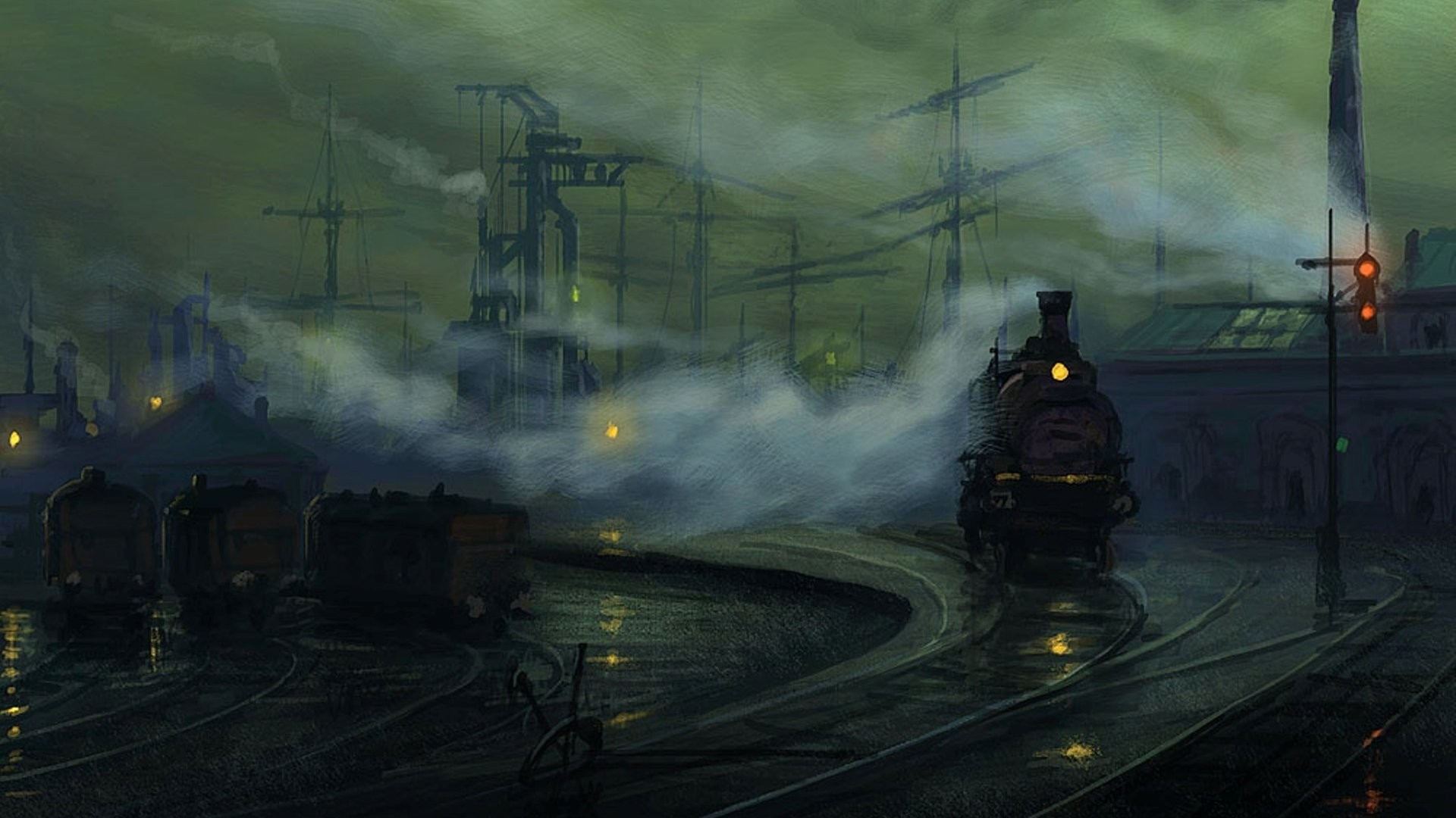 Steam Locomotive Rail Yard Smoke 1920x1080