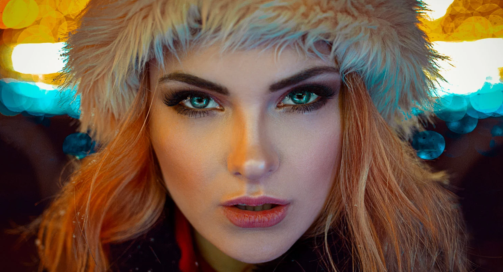 Face Portrait Winter Looking At Viewer Model Women Blonde Bonnet Closeup Blue Eyes Pink Lipstick Bok 1663x900