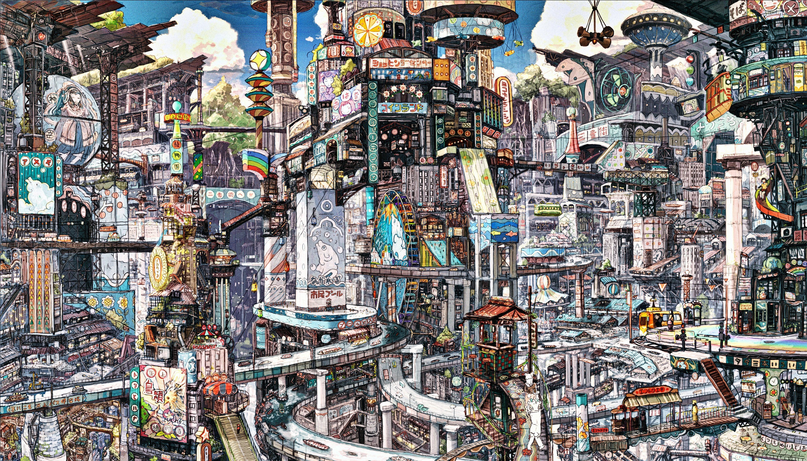Anime Imperial Boy Digital Art Fantasy City Colorful Billboards Road Chaos Ferris Wheel Advertisemen 2800x1600