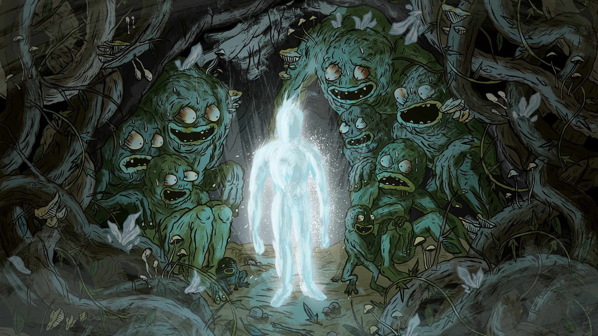 Digital Art Fantasy Art Creature Men Ghosts Drawing Mushroom Open Mouth Branch Trees Glowing 1920x1080