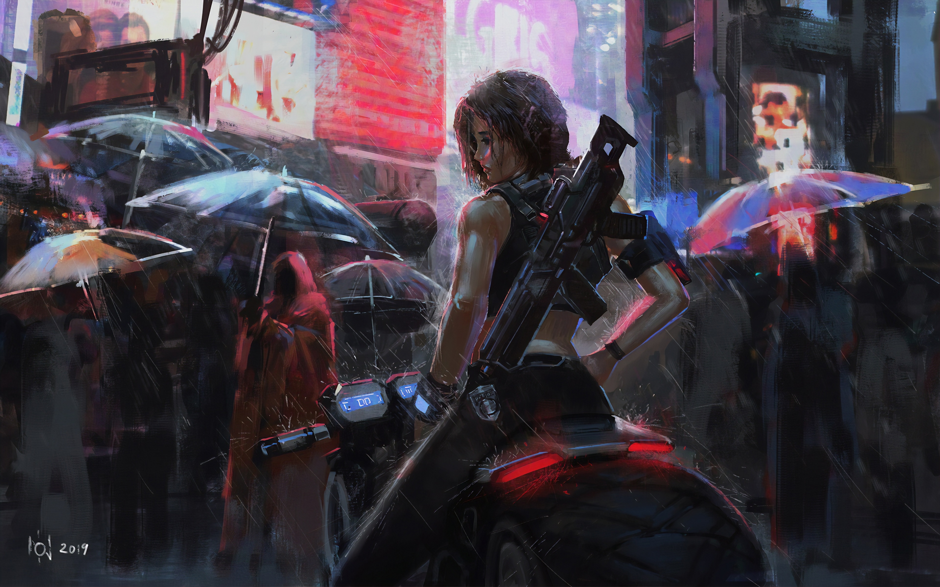 Digital Art Women Soldier Asian Weapon City Umbrella Rain Futuristic Motorcycle Fantasy Art Night Hu 3840x2400