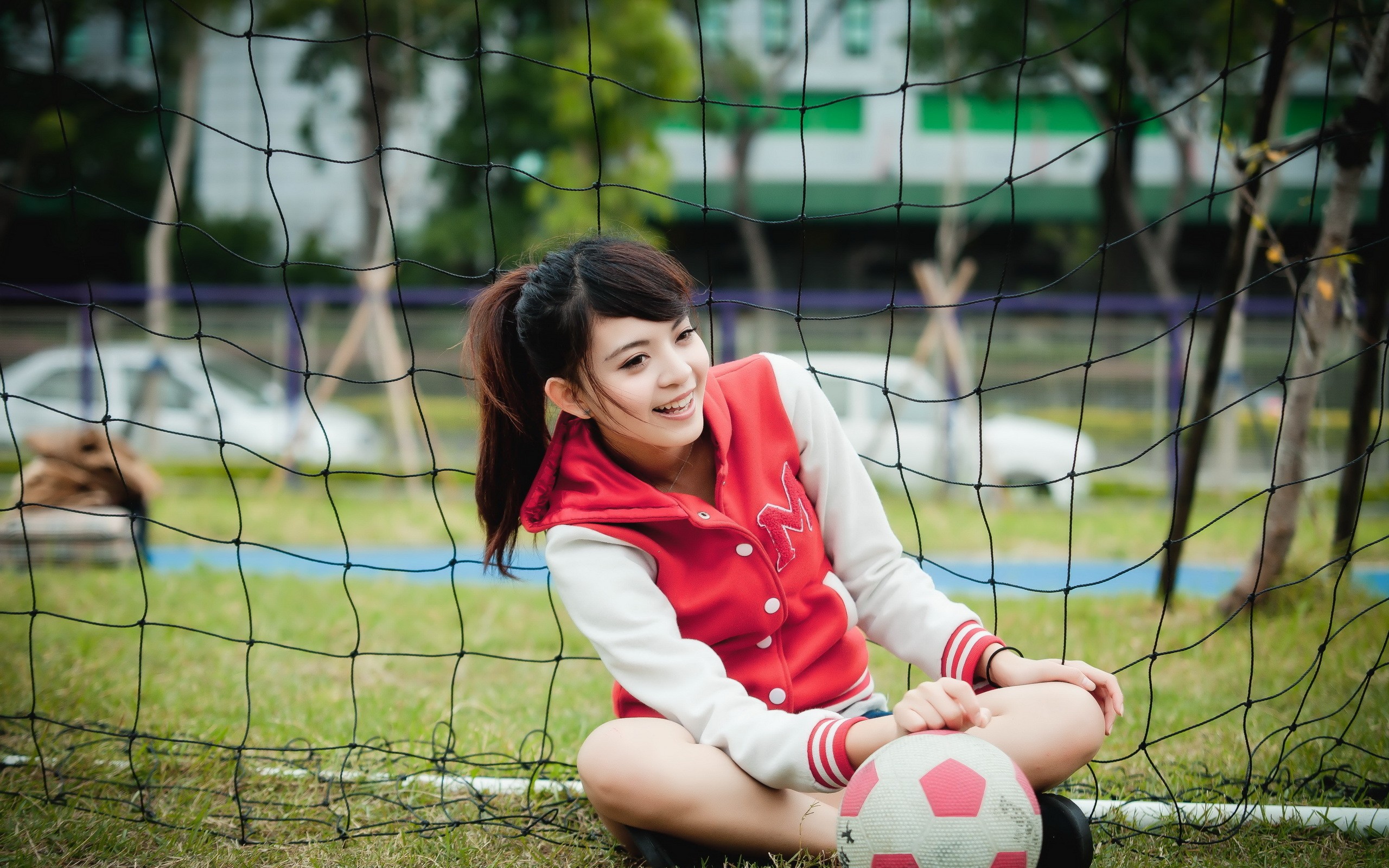 Women Model Brunette Long Hair Women Outdoors Asian Smiling Sitting Sports Jerseys Soccer Pitches Gr 2560x1600