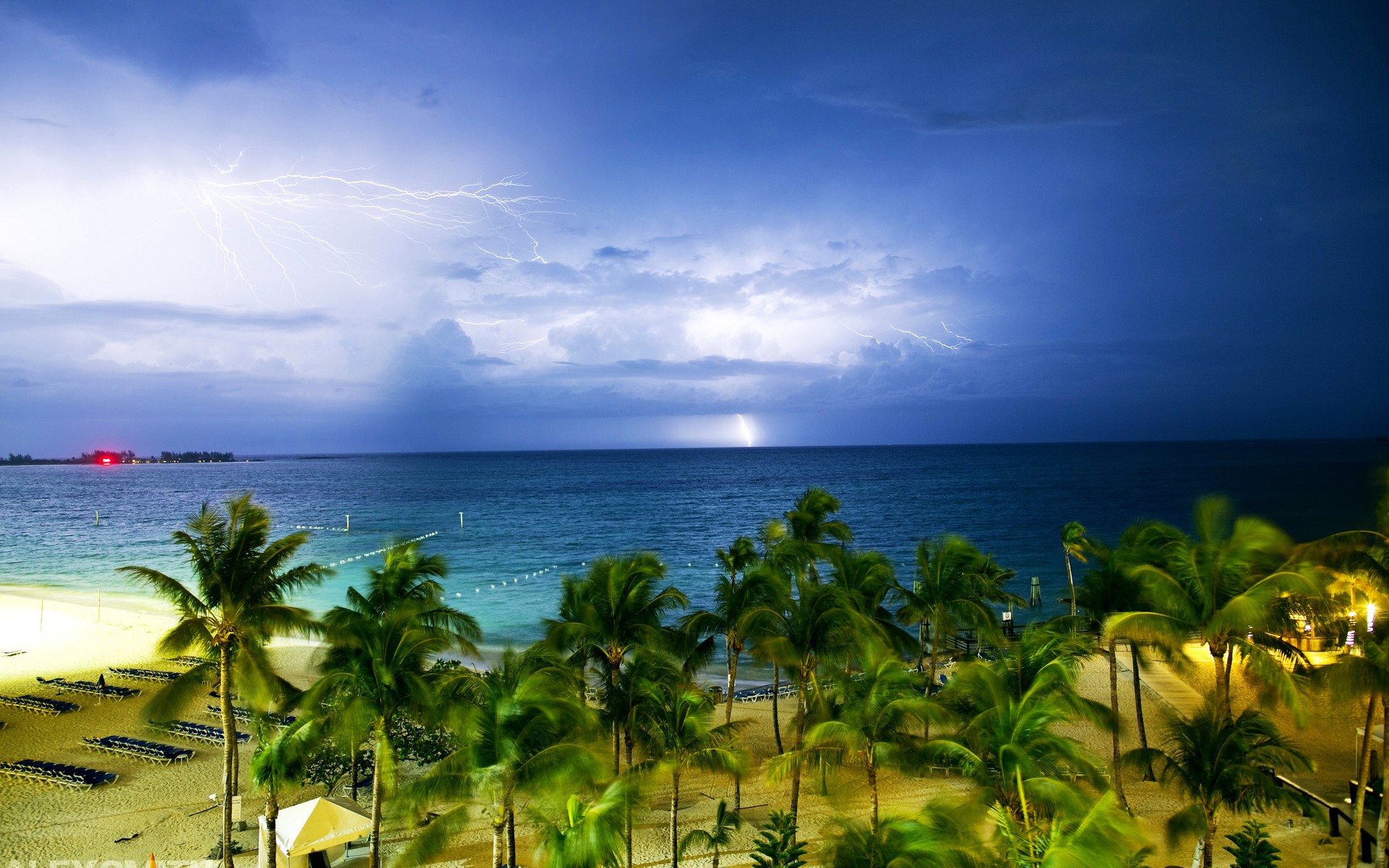 Nature Landscape Clouds Lightning Storm Horizon Bahamas Tropical Palm Trees Sea Beach Windy Sand Lon 1920x1200