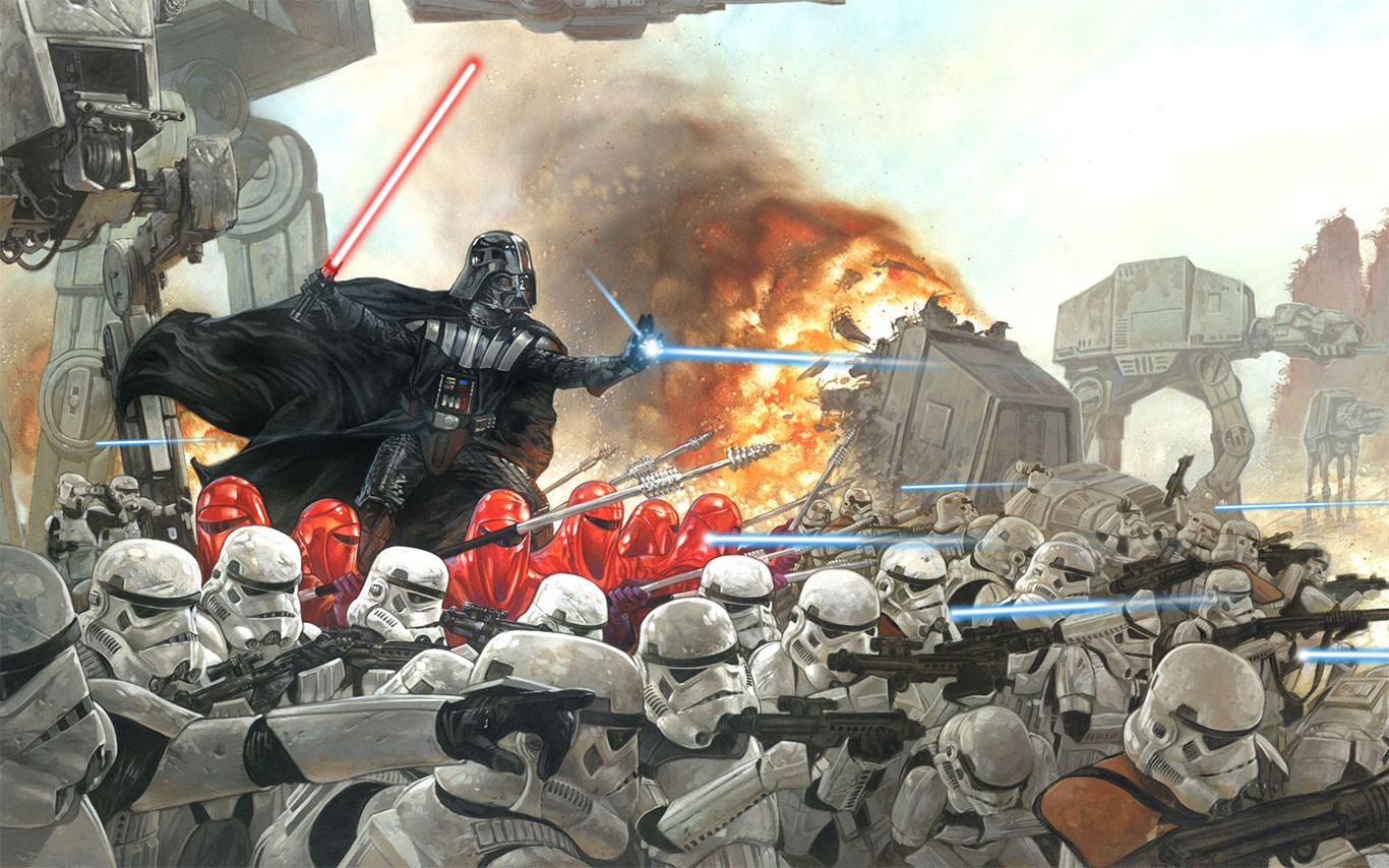 Darth Vader Artwork AT AT AT ST Sith Lightsaber Imperial Forces War Science Fiction Video Games Vide 1366x854