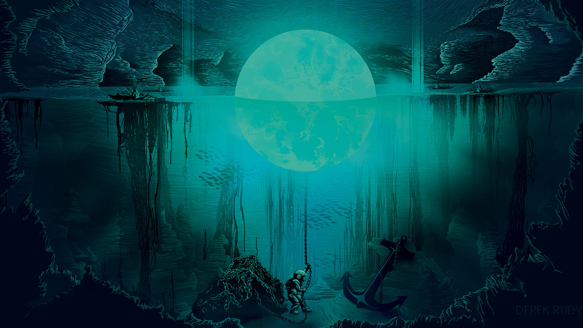 Derek Rudy Moon Digital Art Blue Sea Underwater Artwork Divers Anchors Turquoise Cthulhu 1920x1080