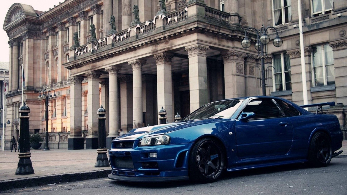 Car Nissan GTR R34 Blue Cars 1366x768