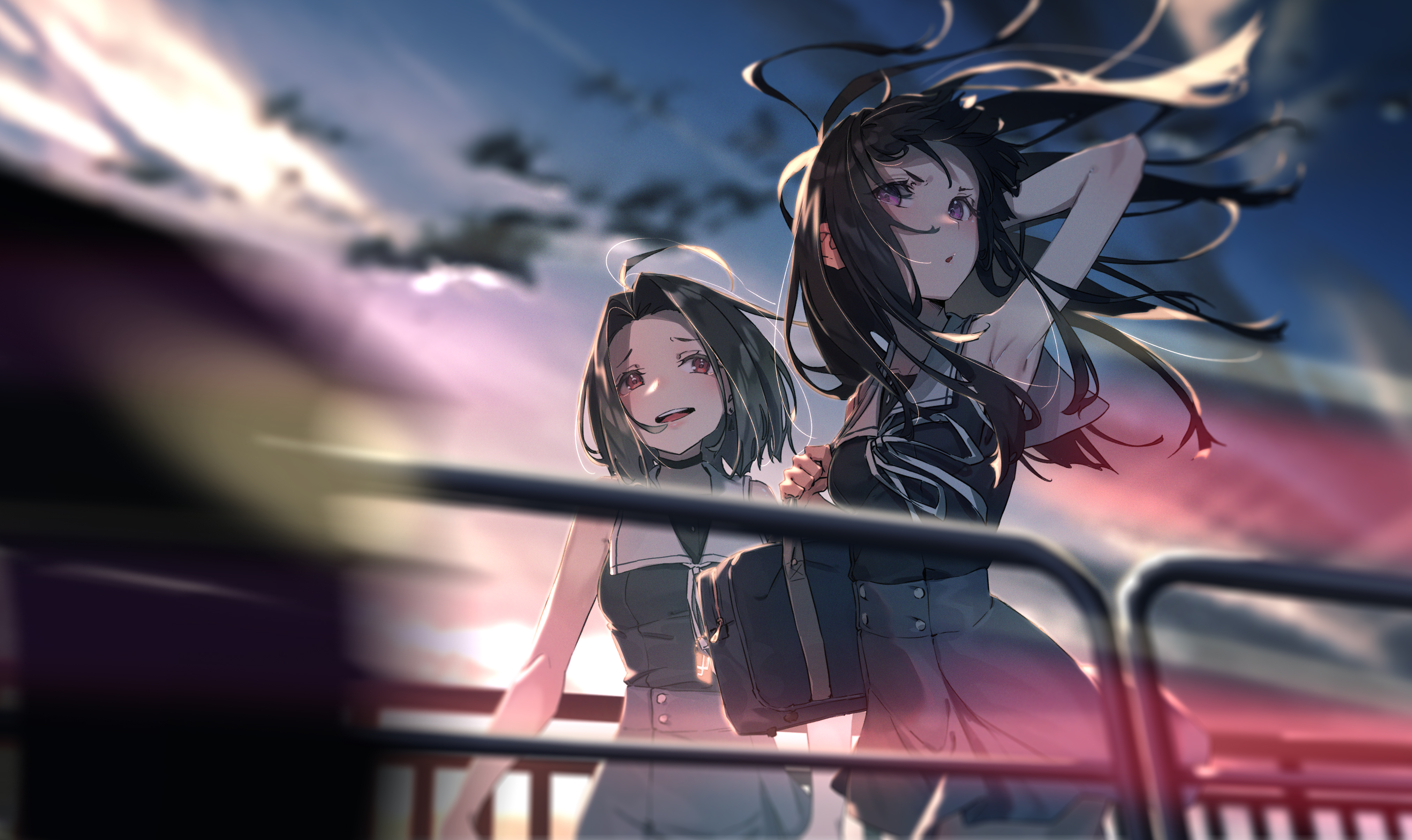 Anime Girls Original Characters Anime Windy Schoolgirl Bokeh Sky Artwork Digital Art 2D Illustration 4049x2410