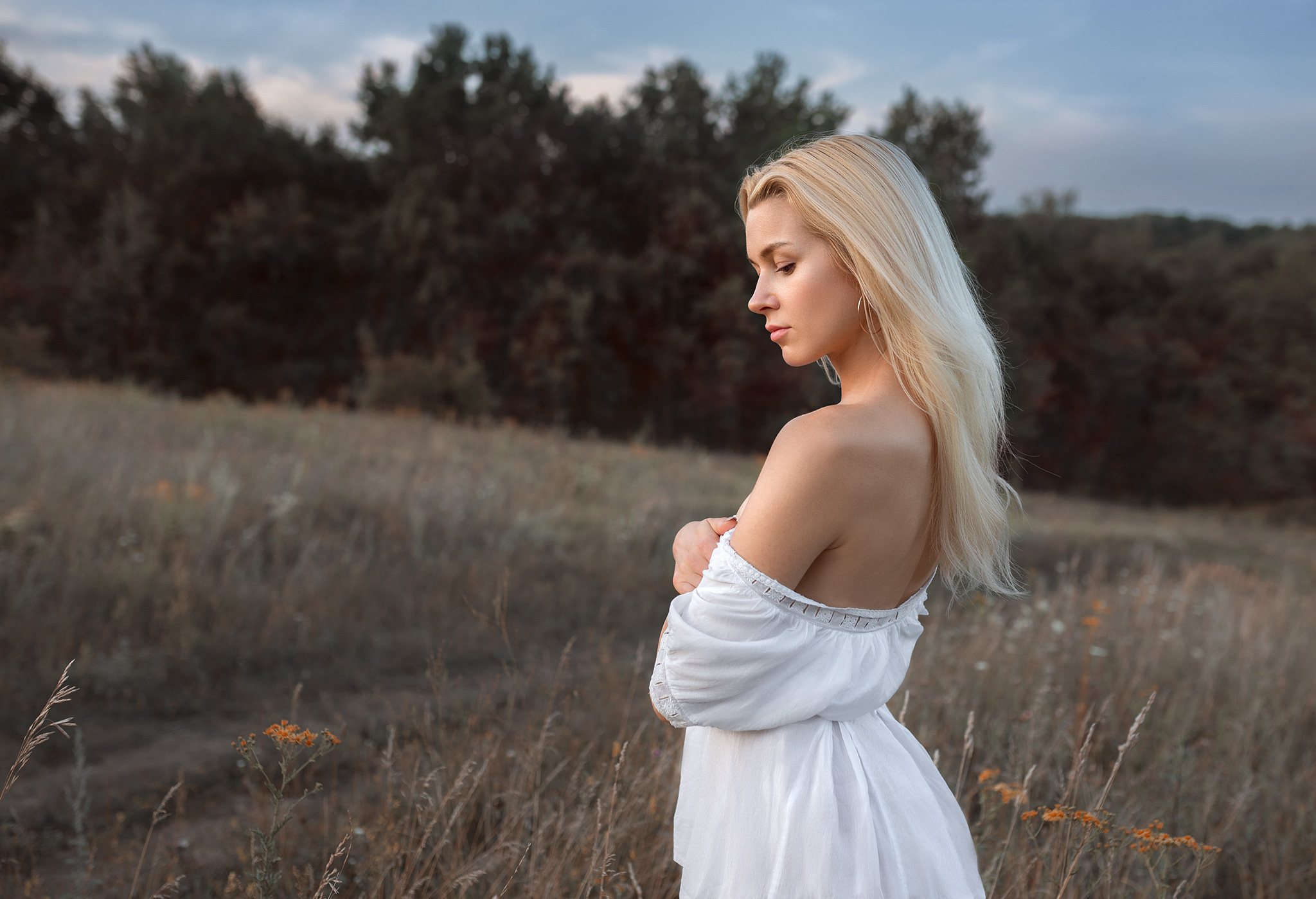 Women Model Blonde Dress White Dress Bare Shoulders Profile Hoop Earrings Depth Of Field Outdoors Wo 2048x1399