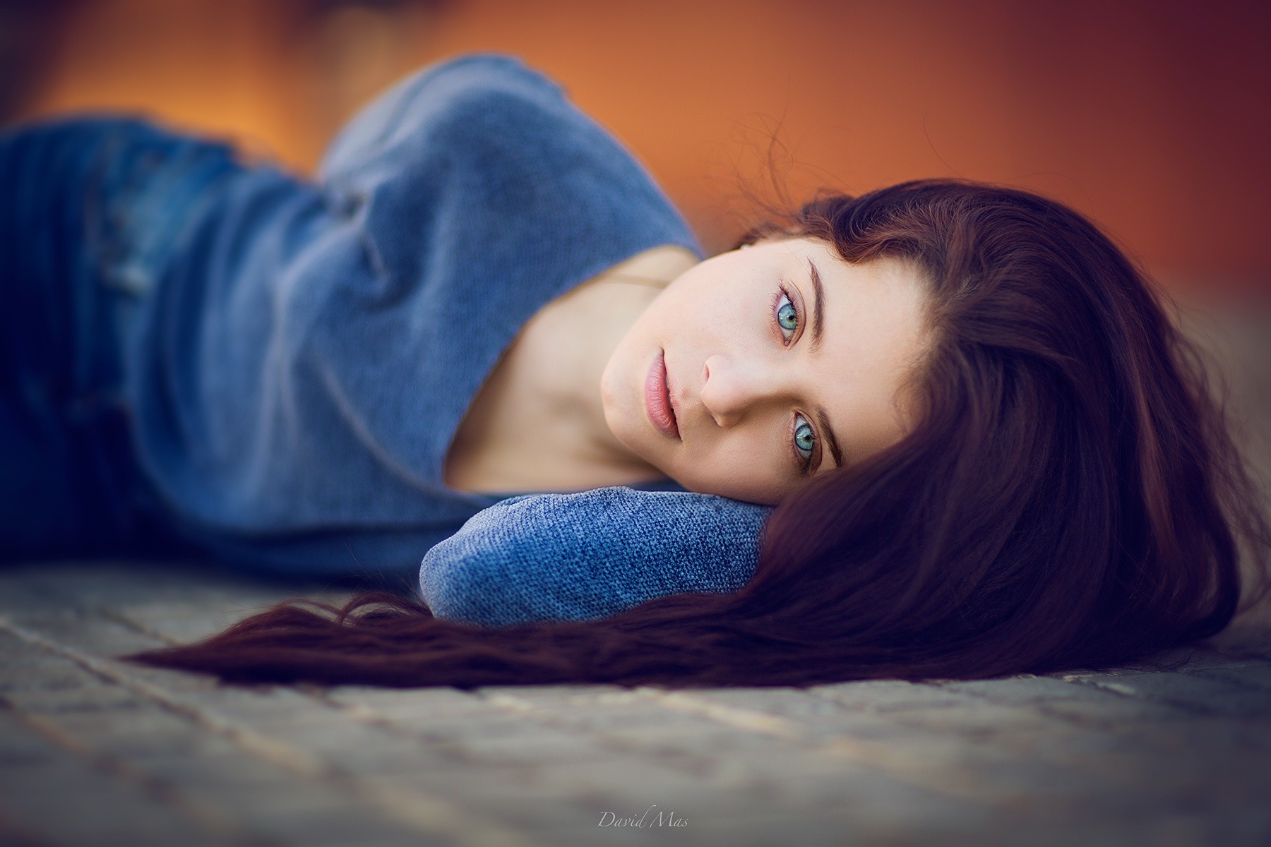 Eyes Women Brunette Blue Eyes Long Hair Lying Down Blue Sweater On The Floor David Mas 1800x1200