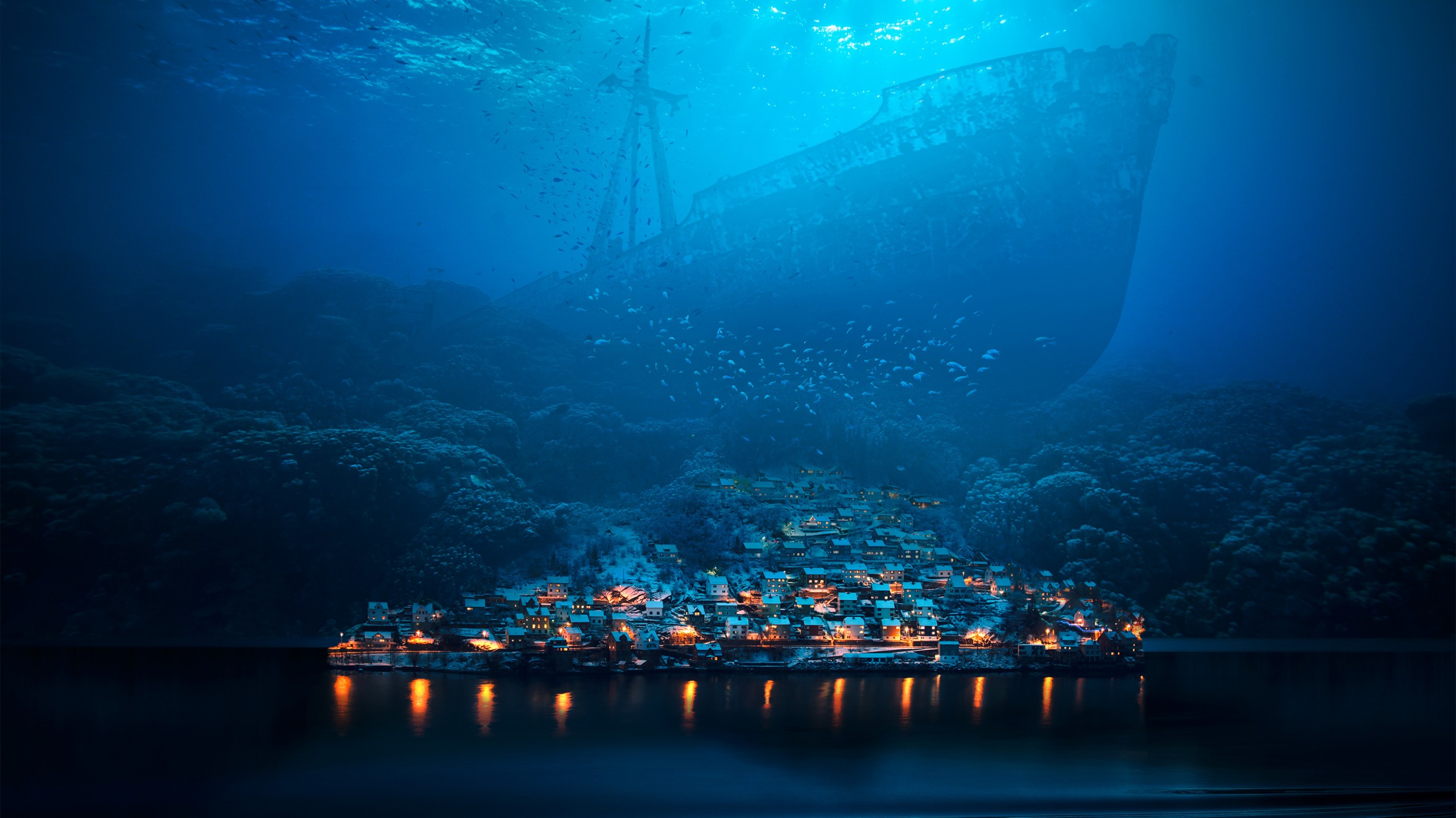 Underwater Ship Shipwreck Abyss Fish Sea Town Night Fantasy Art Photo Manipulation Surreal Blue Cyan 2560x1440