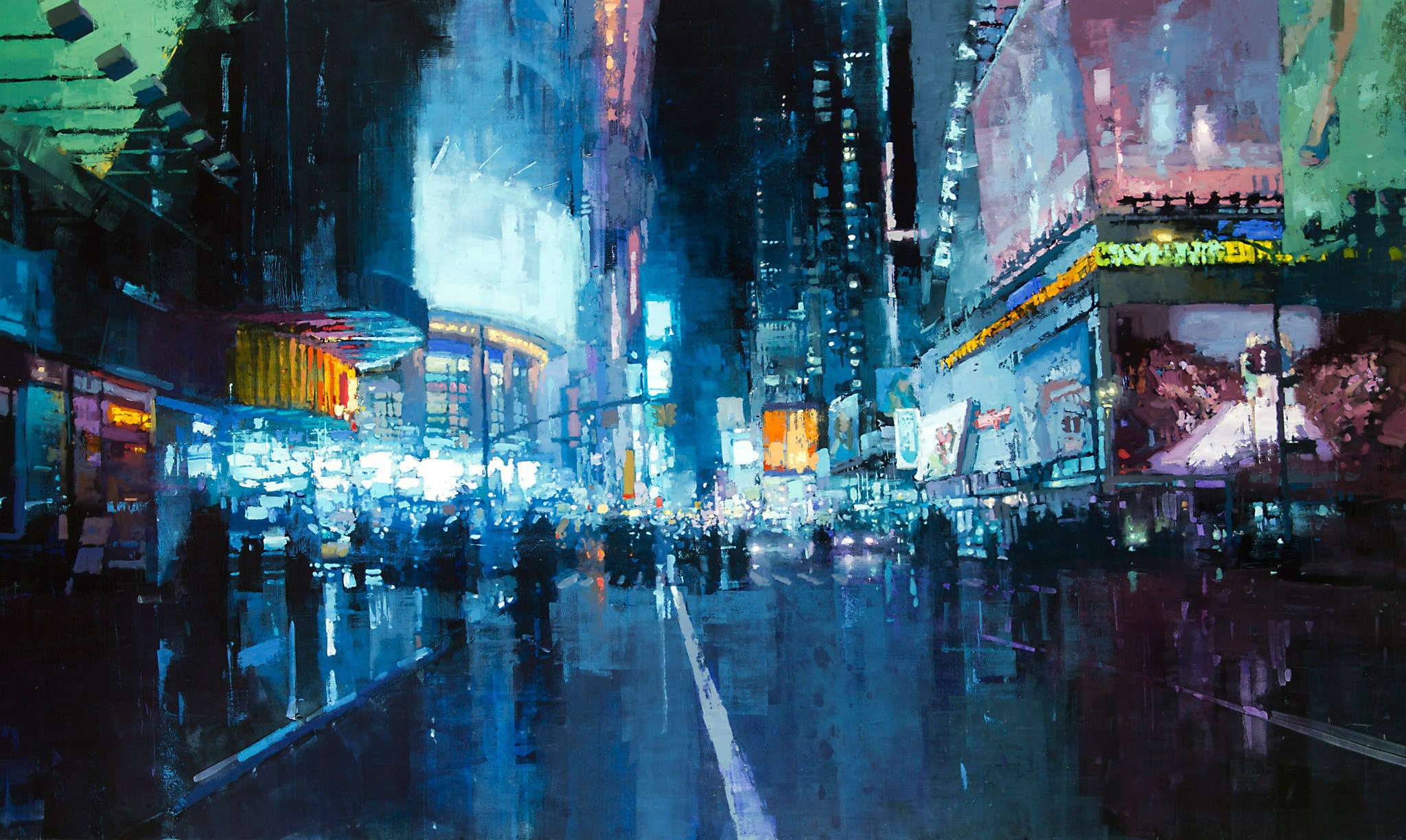 Artwork City Road Lights Painting Times Square New York City USA Night Cyan Wet Street 2048x1224