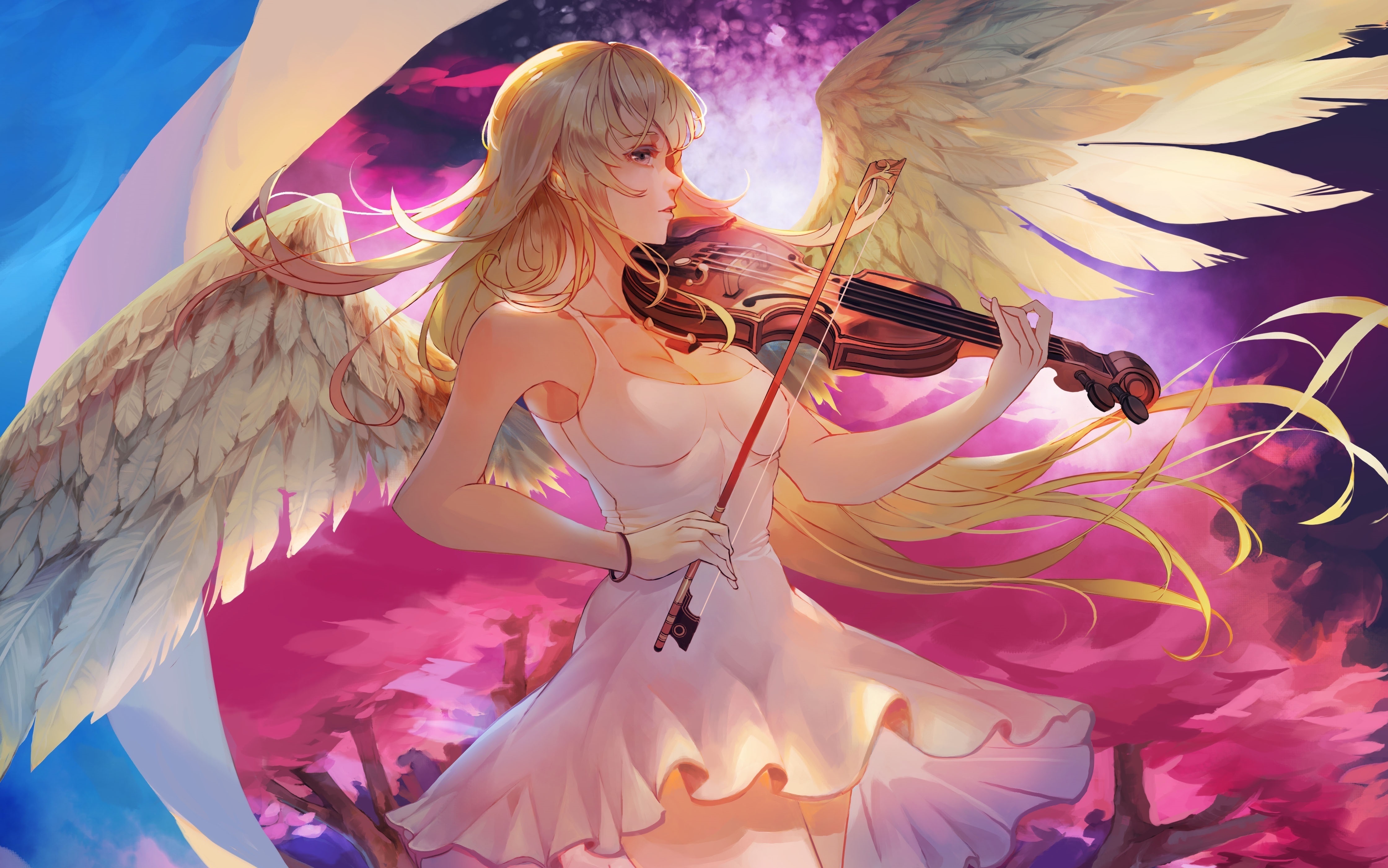 Anime Manga Drawing Painting Artwork Digital 2D Anime Girls Angel Wings Yellow Hair Long Hair Violin 4480x2802