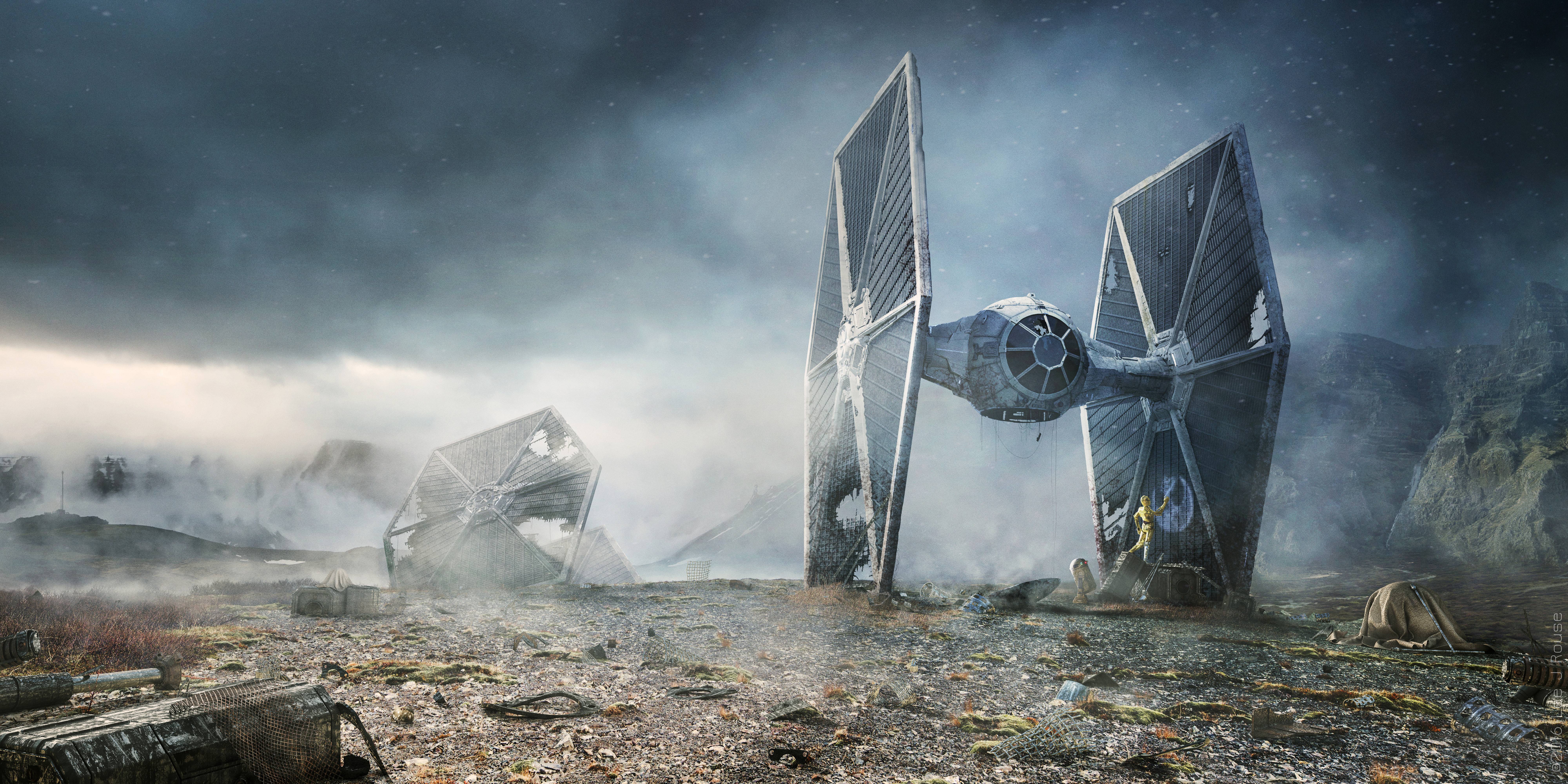 Star Wars TiE Fighter C 3PO R2 D2 Star Wars Droids Science Fiction Wreck Digital Art 8000x4000