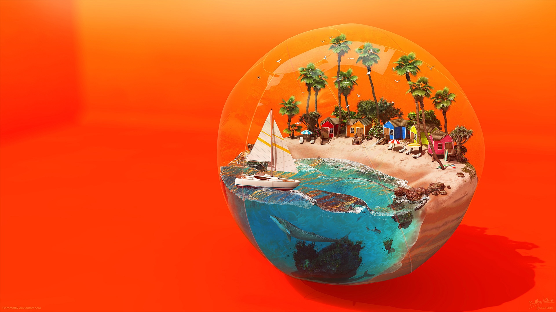 Beach Sea Fish Trees Sailing Ship Sphere Artwork Digital Art Orange Beach Ball 1920x1080