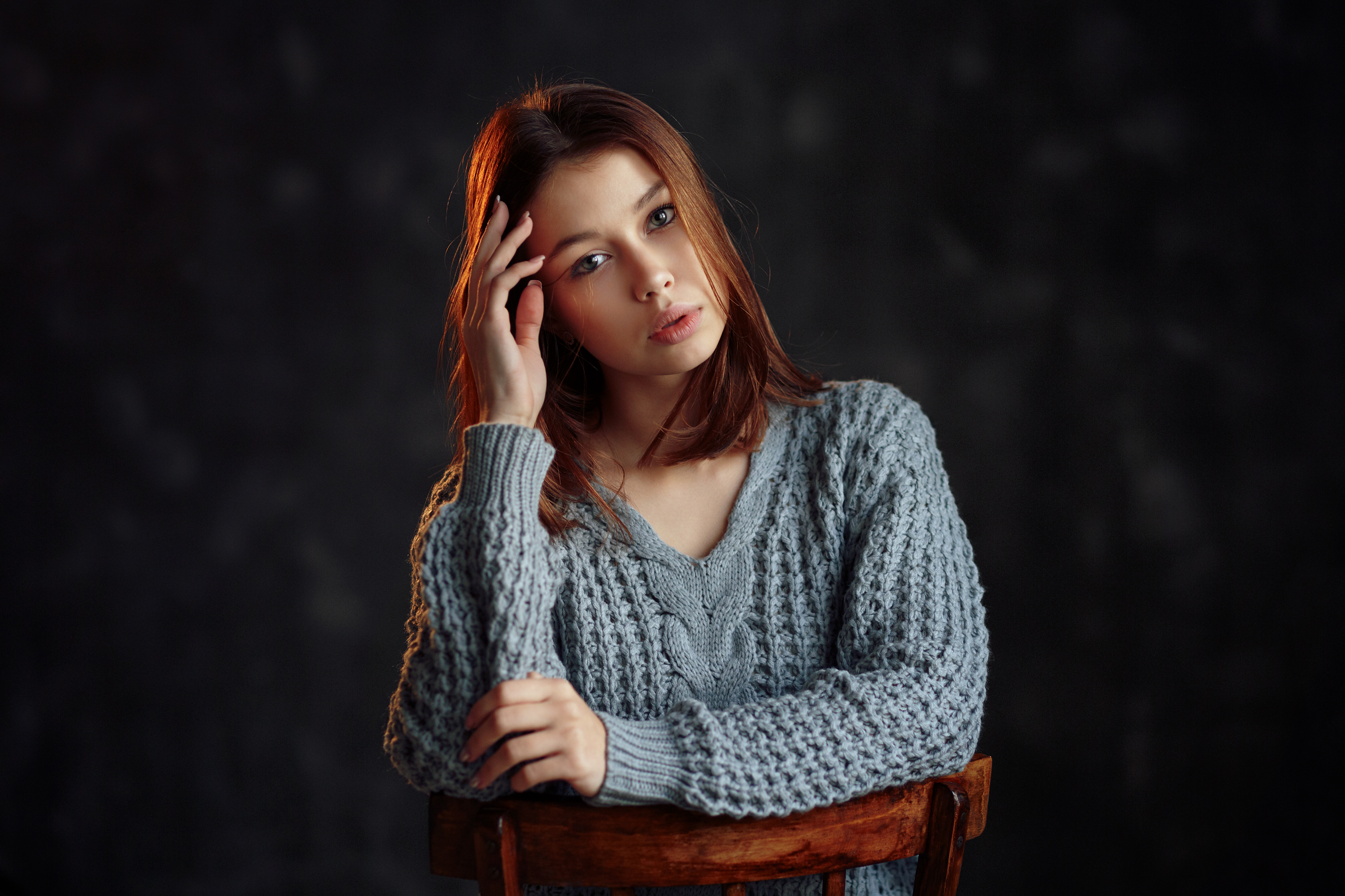 Women Model Portrait Redhead Blue Eyes Looking At Viewer Chair Open Mouth Grey Sweater Sweater 2700x1800