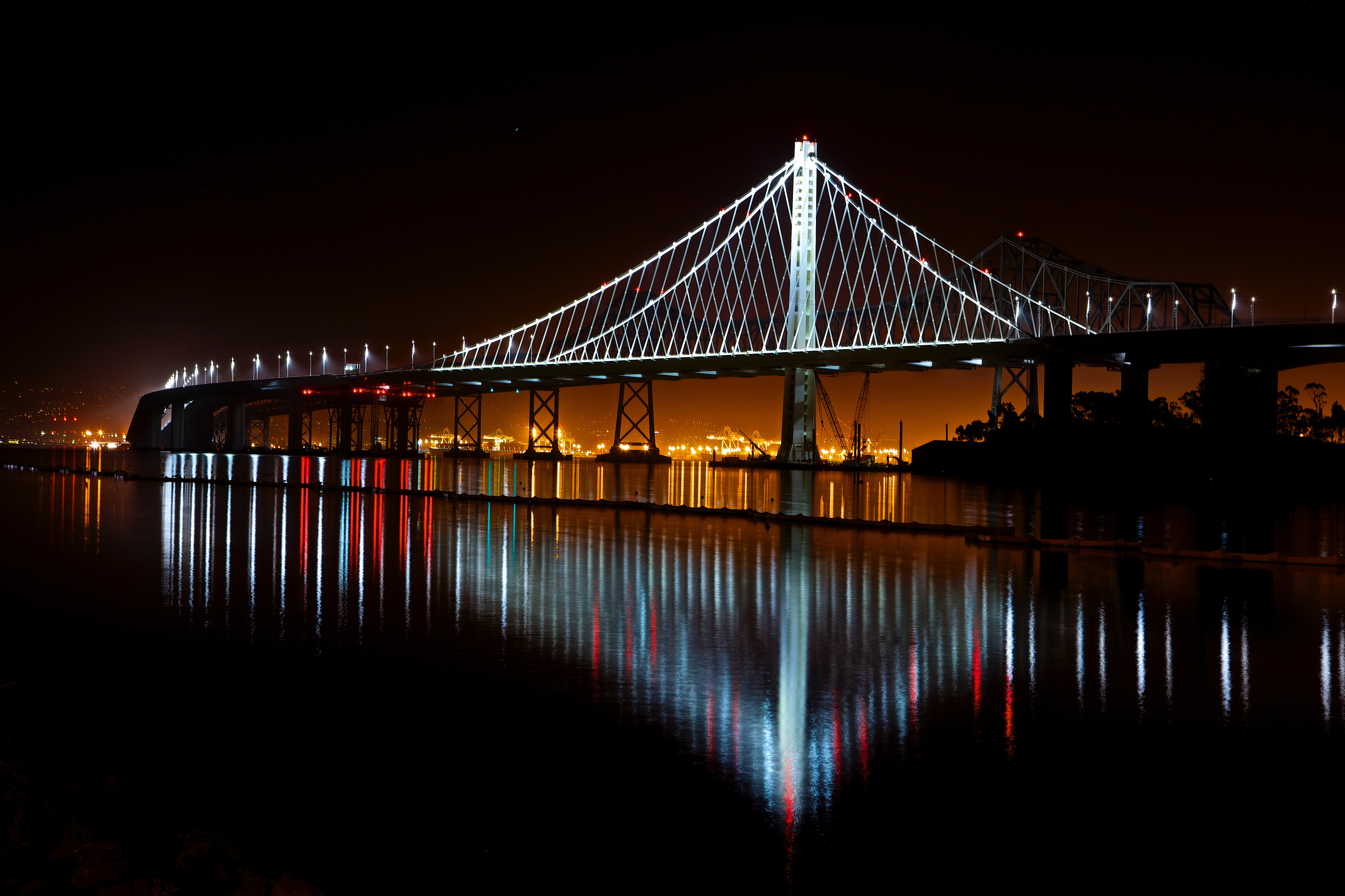 San Francisco California USA Lights Reflection Landscape Night Oakland Bay Bridge Bridge Water Sea C 5616x3744