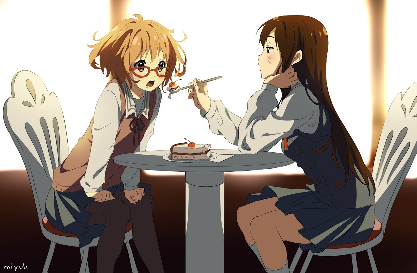 Kyoukai No Kanata Anime Girls Kuriyama Mirai Nase Mitsuki Food Cake Anime Girls Eating Women With Gl 1400x916