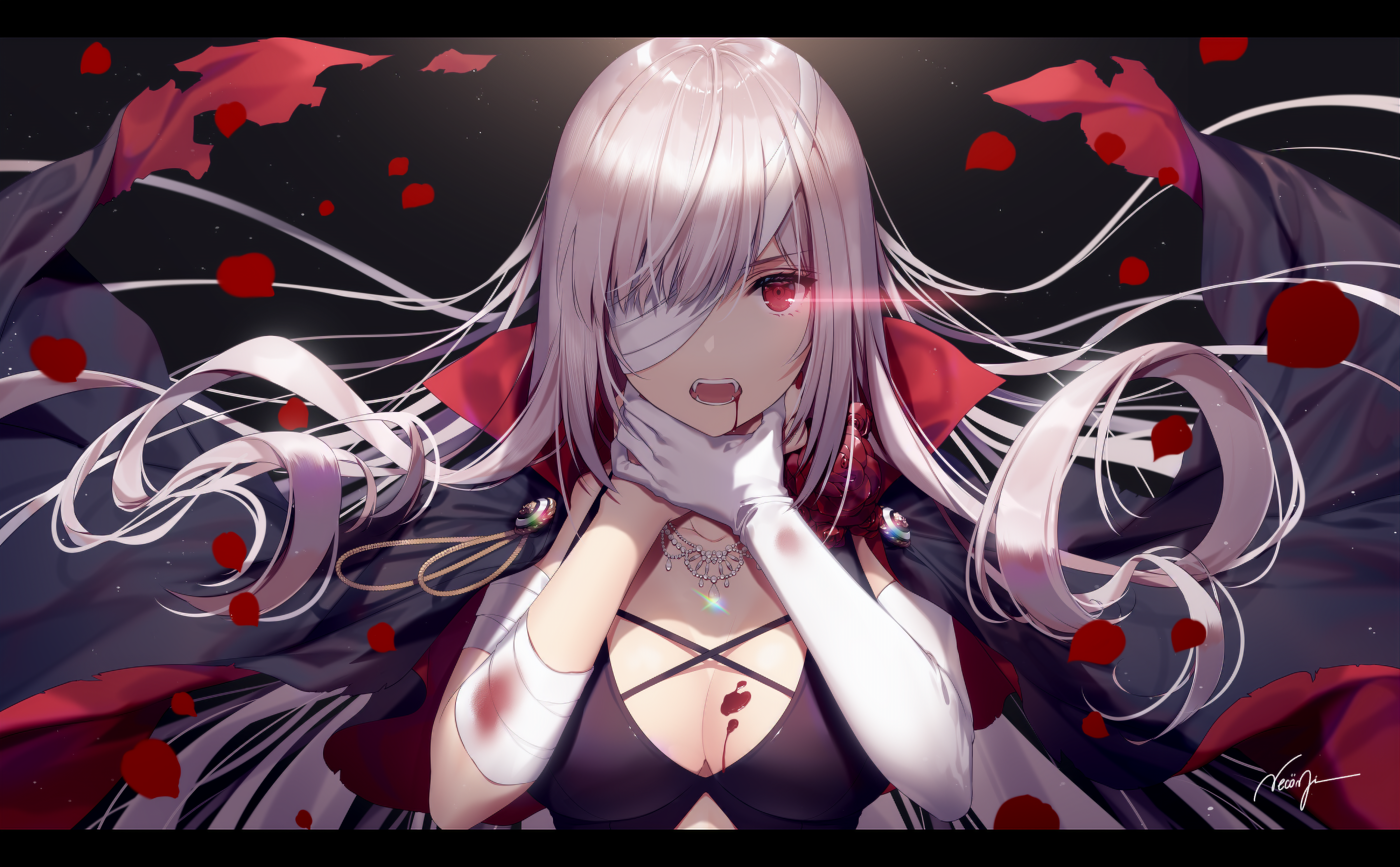 Fate Grand Order Anime Petals Gloves Bandage Glowing Eyes Rose Necklace Covered Eyes Red Eyes Vampir 4800x2972