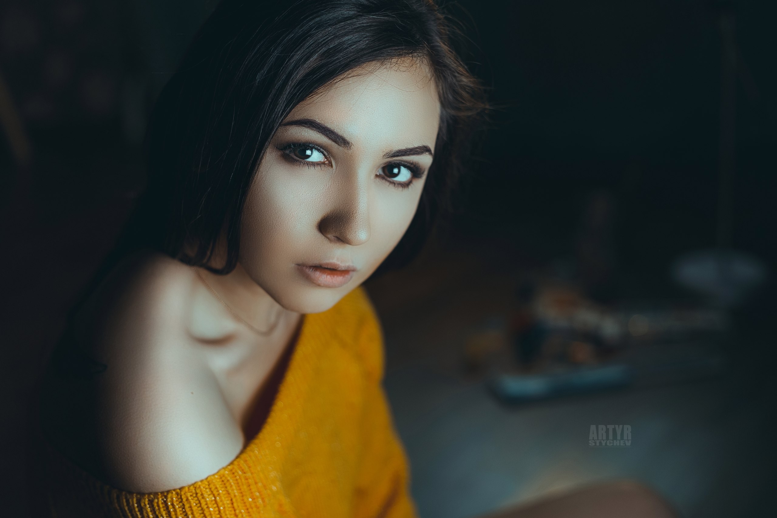 Women Face Portrait Artyr Stychev Yellow Sweater Black Hair 2560x1707