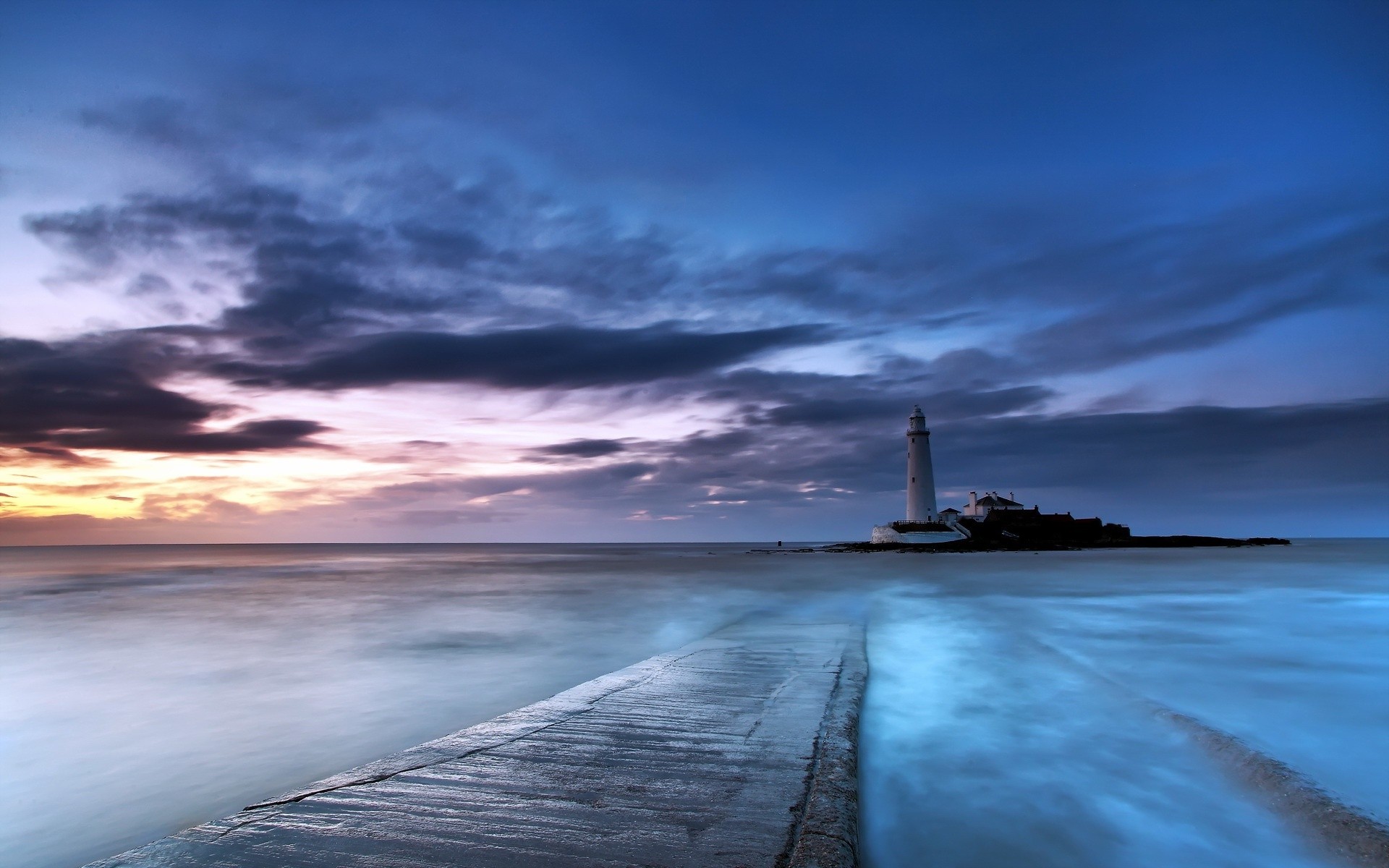 Lighthouse Blues Rock Path Water Clouds Photography 1920x1200