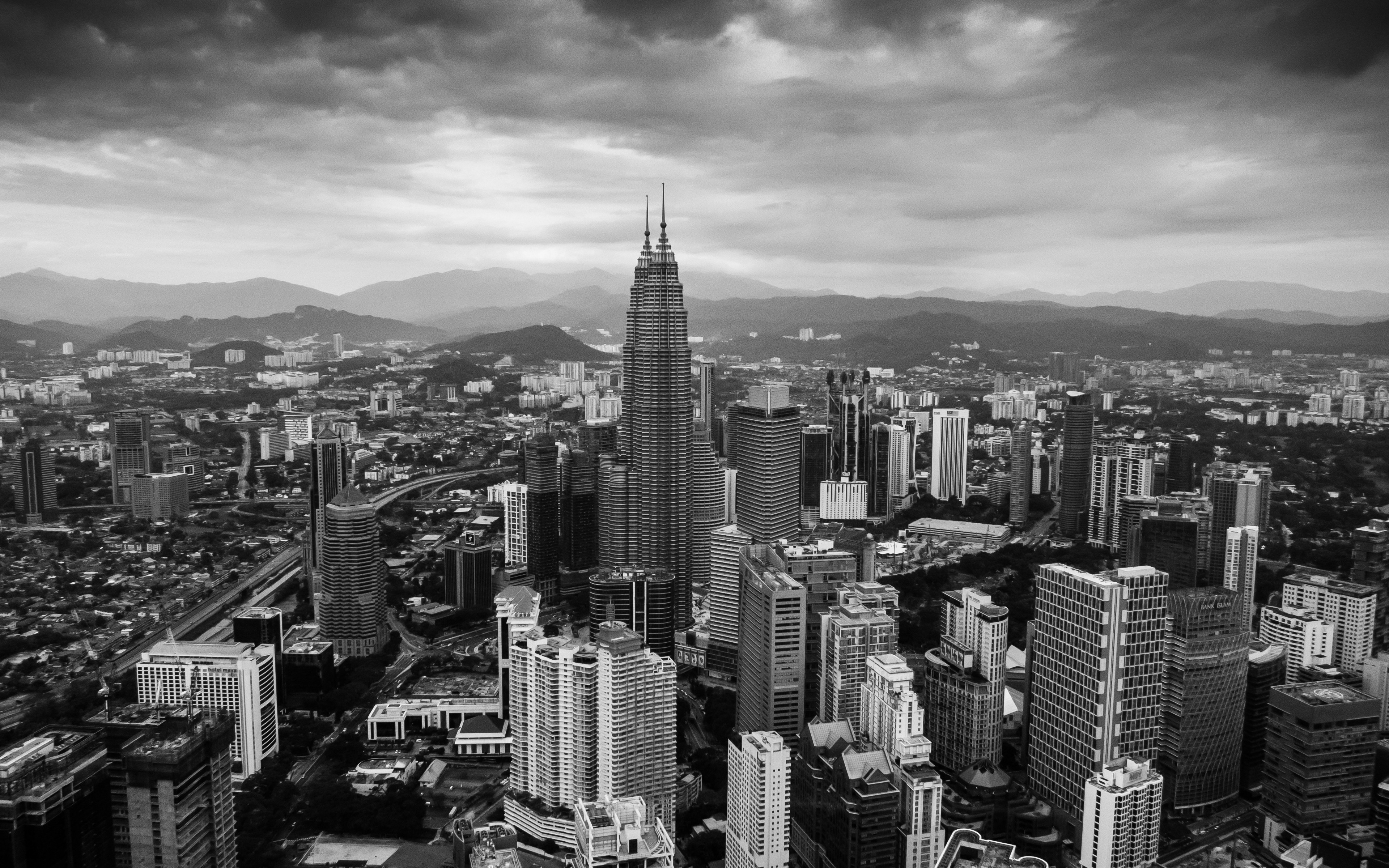 Petronas Towers Monochrome Kuala Lumpur Aerial View 3840x2400