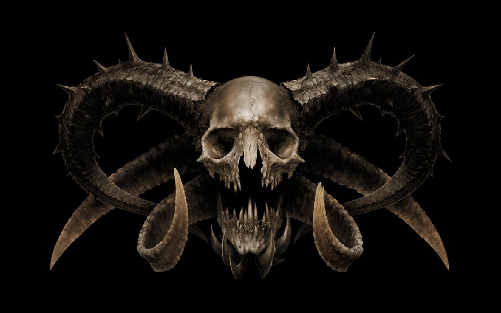 Digital Art Creature Skull Horns Demon Fangs Teeth Devils Black Background Death Spooky Horror 1680x1050