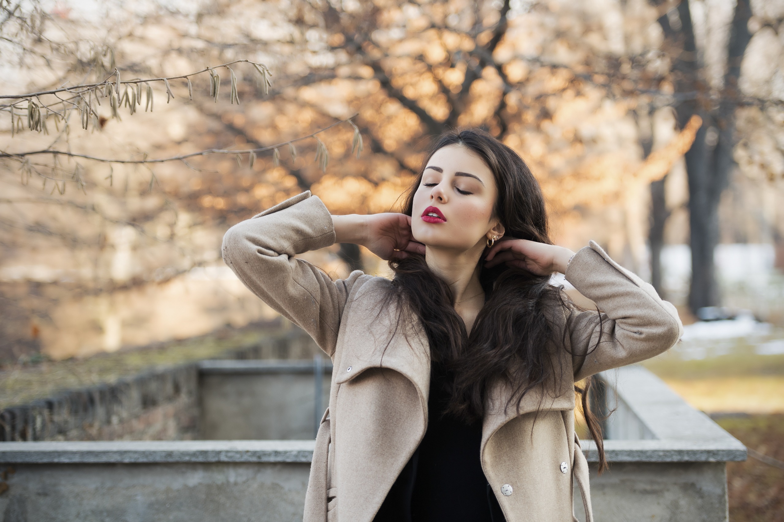 Women Women Outdoors Model Closed Eyes White Coat Red Lipstick Brunette Hoop Earrings Long Hair Open 2560x1707